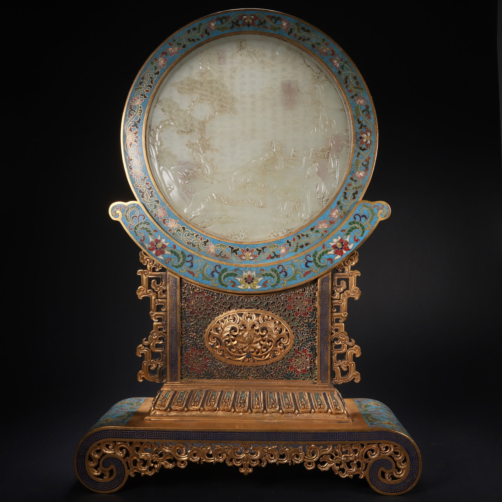 A HETIAN JADE CLOISONNÉ GILT-BRONZE LANDSCAPE AND FIGURES POETRY SCREEN (1 of 9)