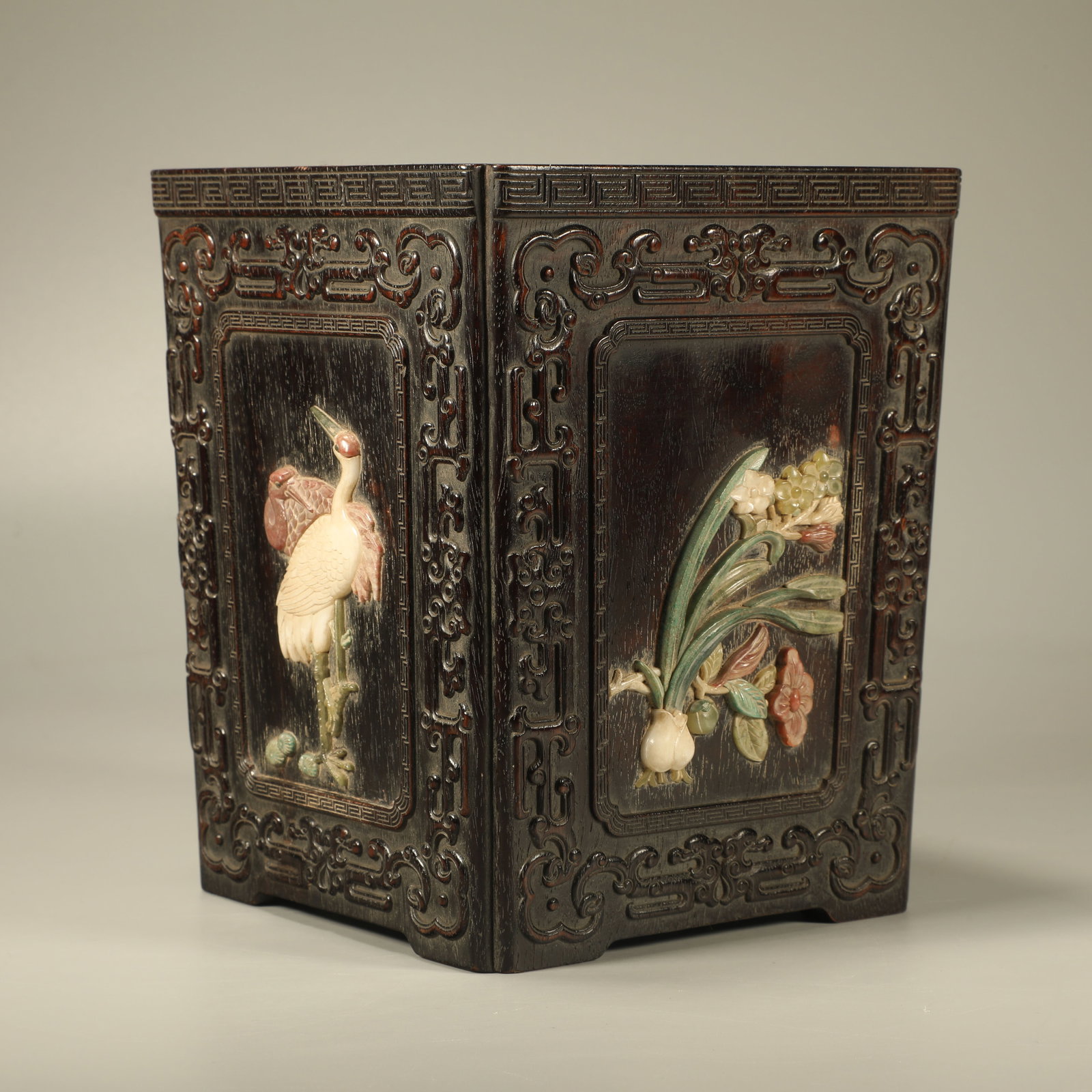 A RED SANDALWOOD SQUARE BRUSH POT INLAID WITH HUNDRED TREASURES AND FLOWER-BIRD MOTIFS: Red Sandalwood Square Brush Pot Inlaid with Hundred Treasures and Flower-Bird Motifs