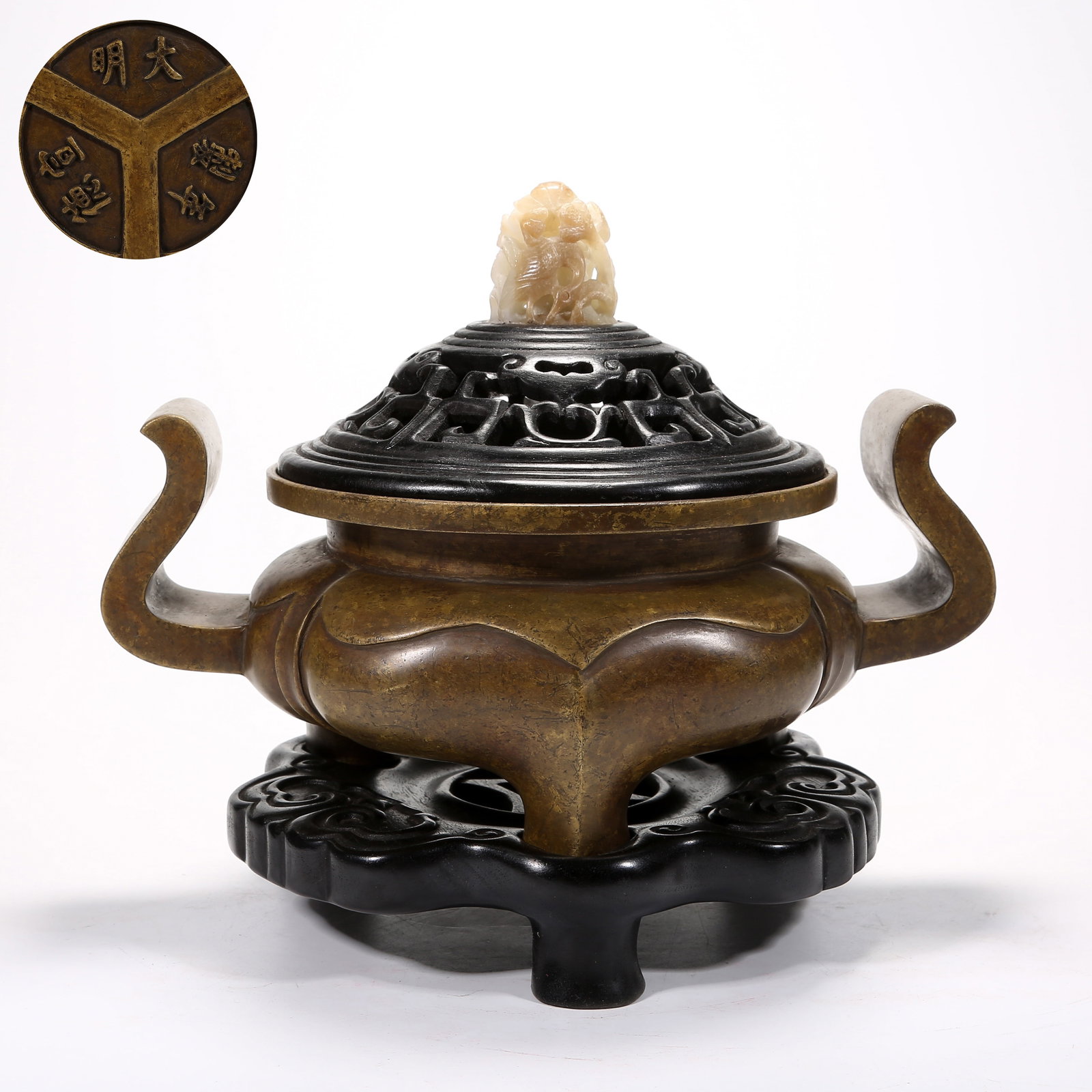 A BRONZE CENSER WITH COURT HAT HANDLES: Bronze Censer with Court Hat Handles