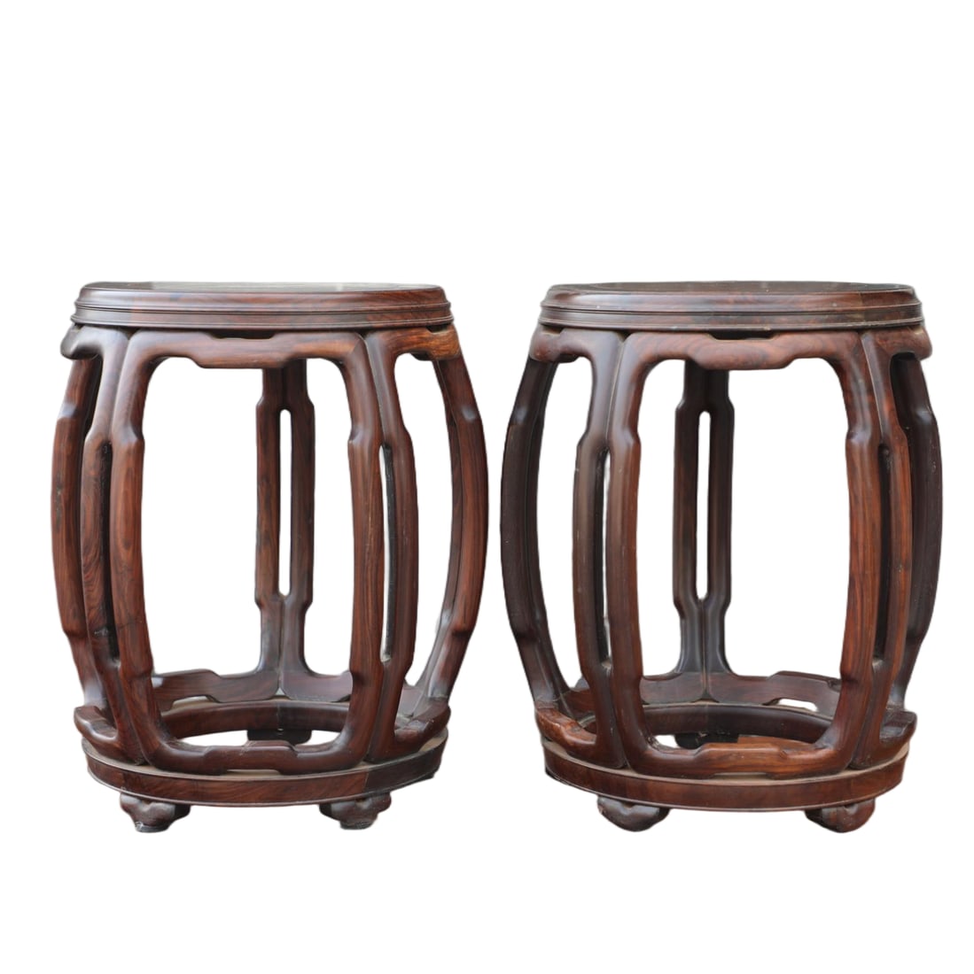 A PAIR OF HUANGHUALI DRUM STOOLS INLAID WITH CHERRY WOOD (1 of 6)