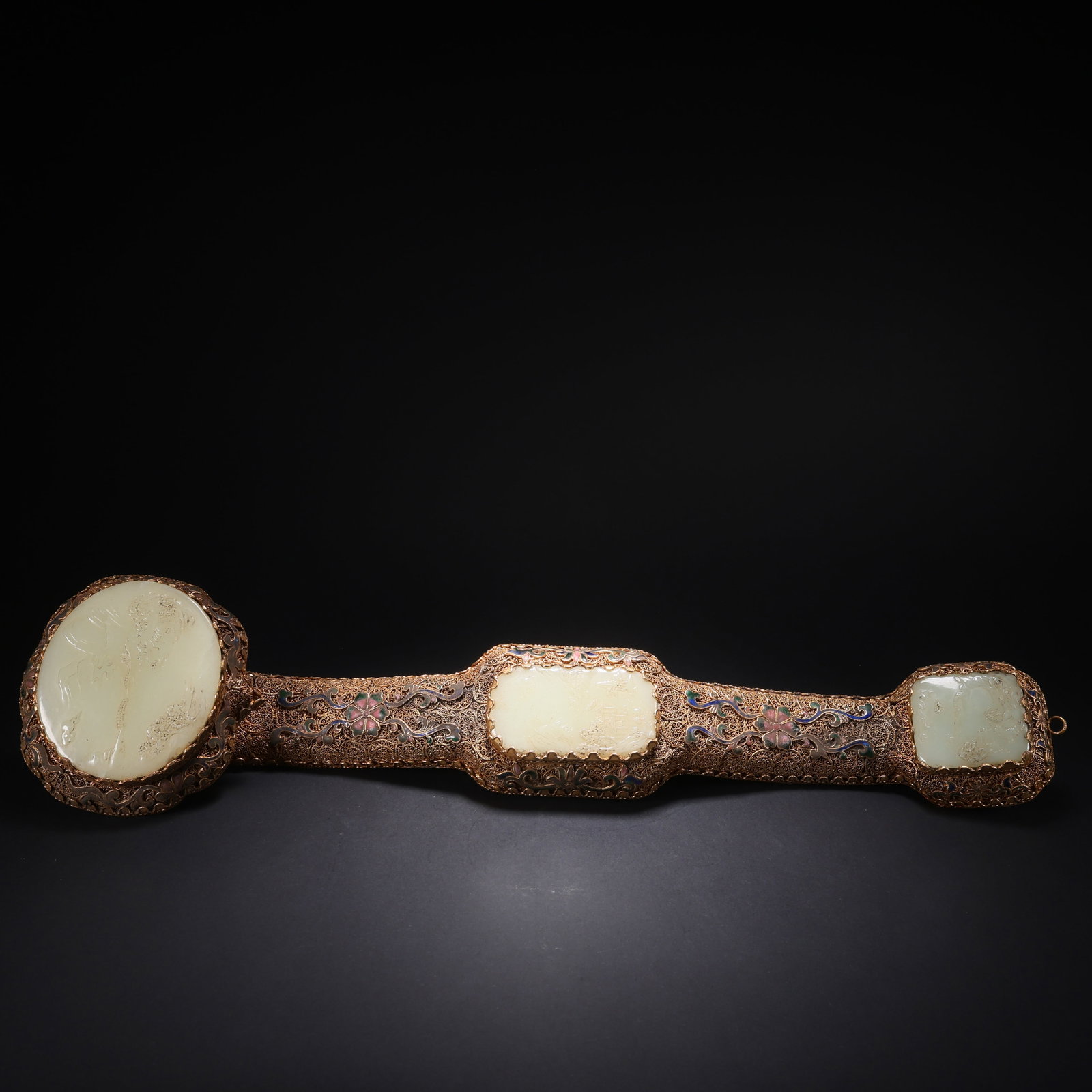 A HETIAN JADE GILT-SILVER CLOISONNÉ LANDSCAPE RUYI: Hetian Jade Gilt-Silver Cloisonné Landscape Ruyi