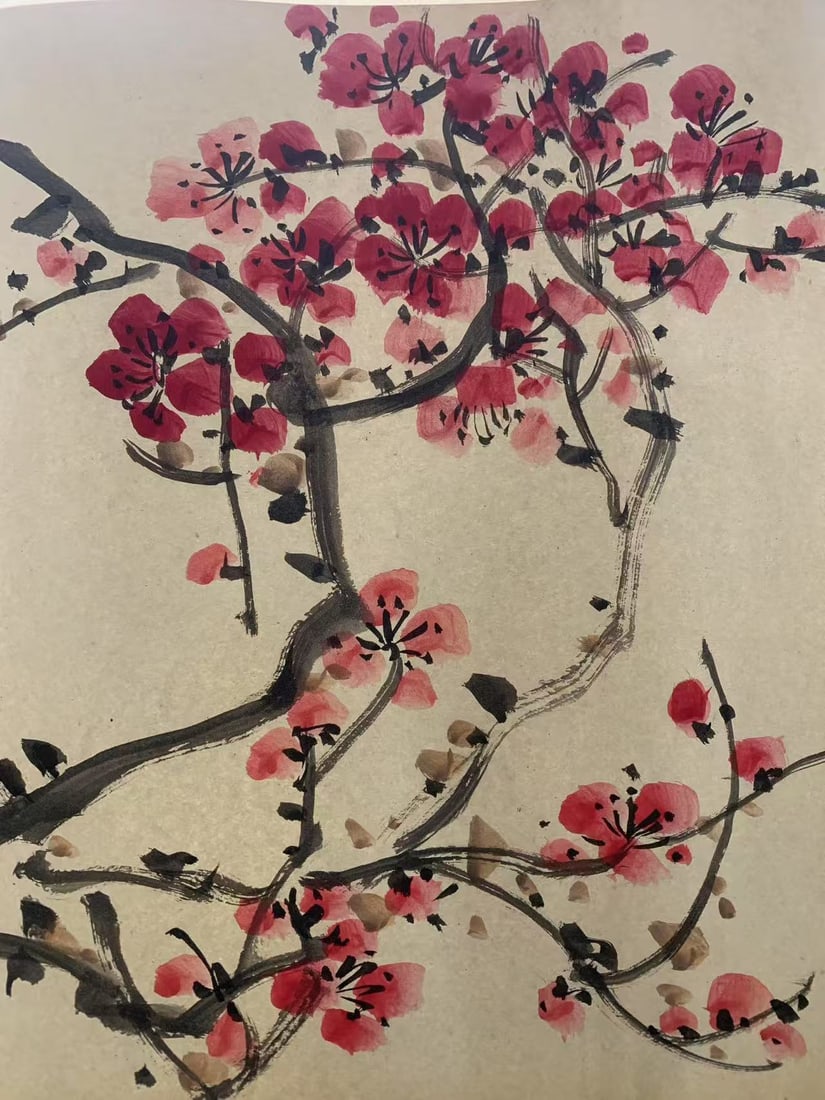 A PLUM BLOSSOM PAINTING ON PAPER BY WU CHANGSHUO.吳昌碩: Plum Blossom Painting on Paper by Wu Changshuo.吳昌碩