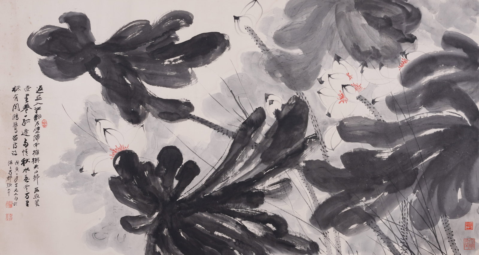 A LOTUS PAINTING ON PAPER MOUNTED AS CENTRAL PANEL BY ZHANG DAQIAN.張大千: Lotus Painting on Paper Mounted as Central Panel by Zhang Daqian.張大千