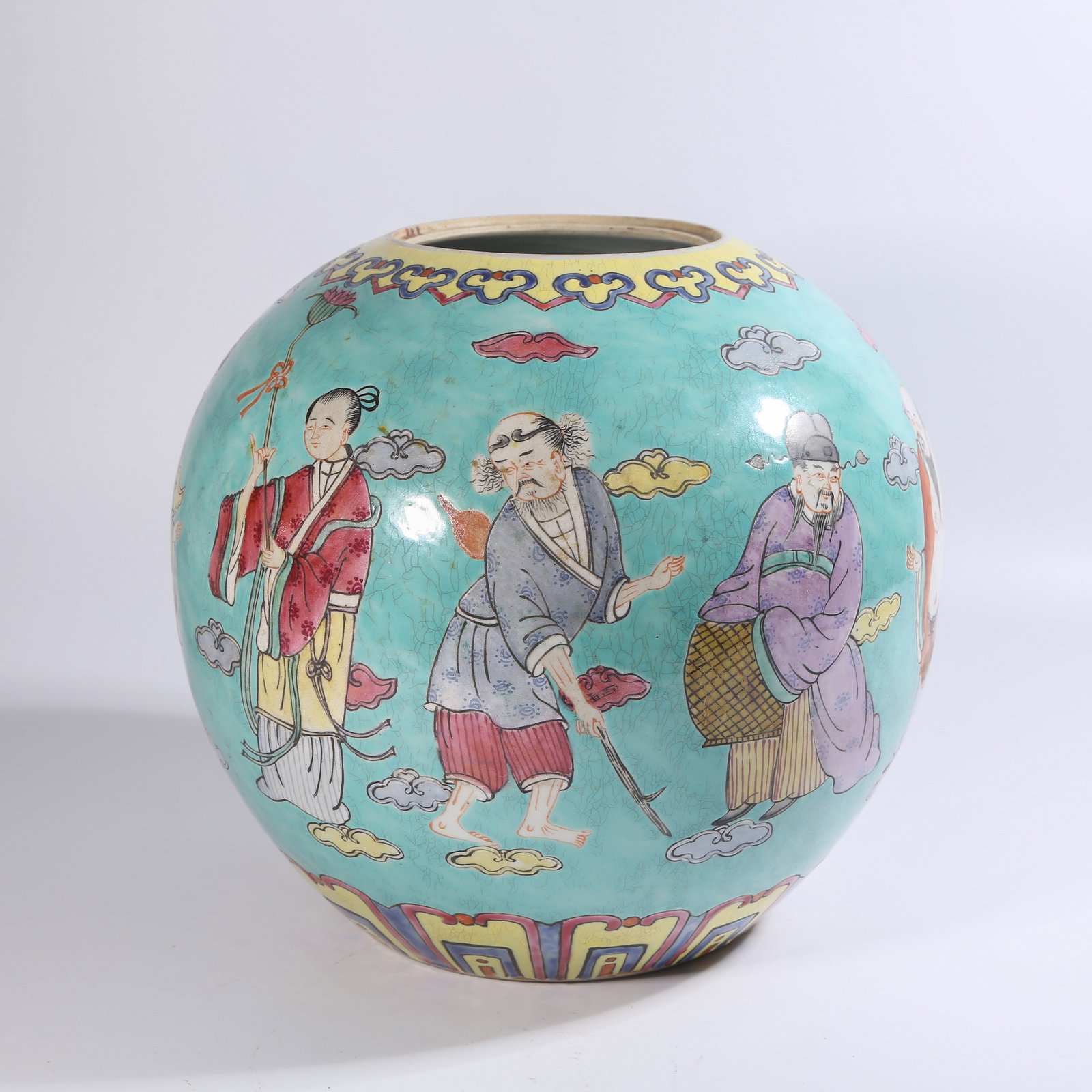 A FENCAI JAR WITH EIGHT IMMORTALS PATTERN ON TURQUOISE-GREEN GROUND: Fencai Jar with Eight Immortals Pattern on Turquoise-Green Ground