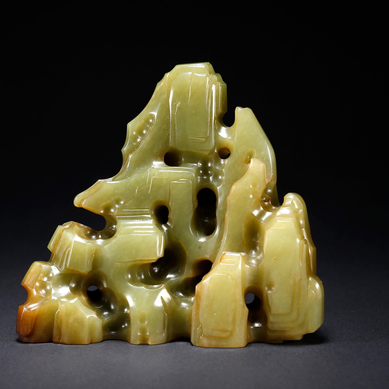 A HETIAN YELLOW JADE MINIATURE MOUNTAIN FIGURINE: Hetian Yellow Jade Miniature Mountain Figurine