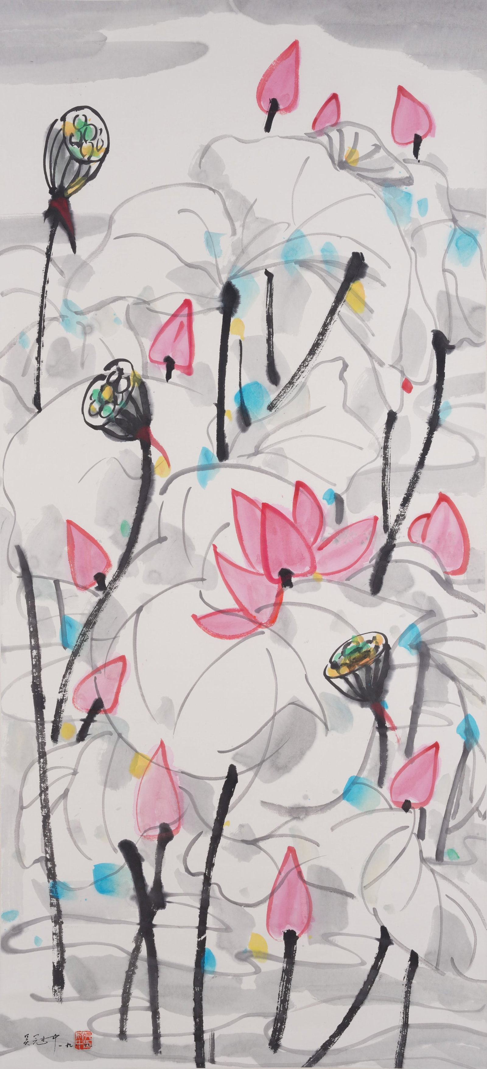 A LOTUS PAINTING ON PAPER BY WU GUANZHONG.吳冠中: Lotus Painting on Paper by Wu Guanzhong.吳冠中