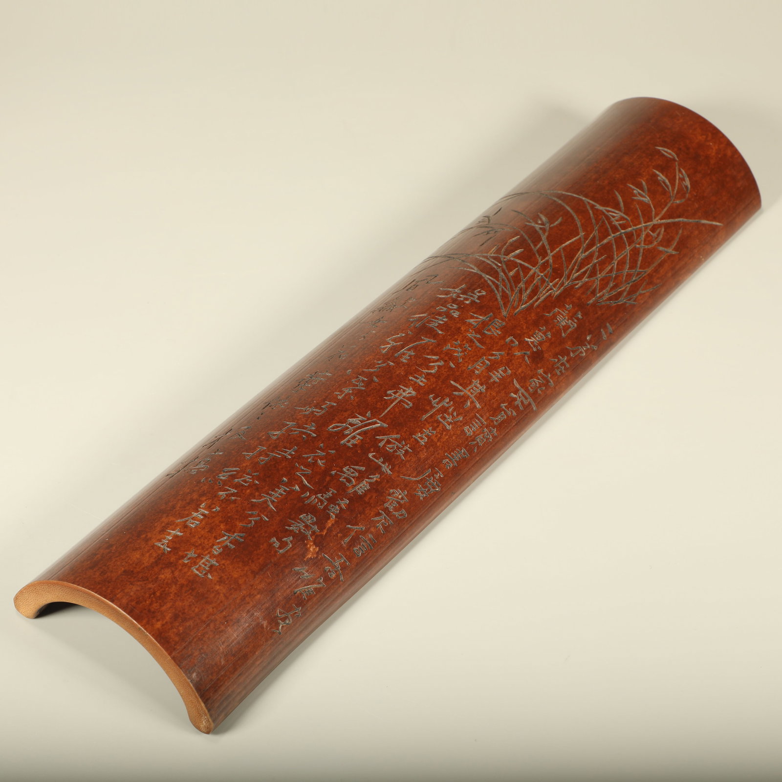 A BAMBOO CARVED ARM REST WITH ORCHID AND INSCRIPTION (1 of 7)