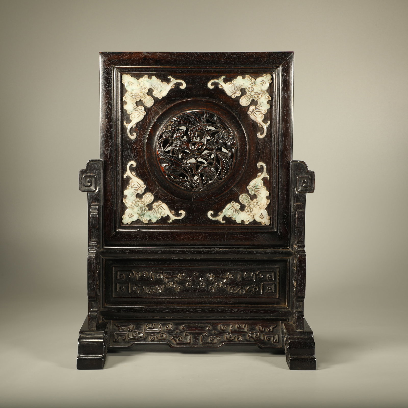 A RED SANDALWOOD SCREEN CARVED WITH SUCCESSIVE ACADEMIC HONORS MOTIF AND INLAID WITH JADEITE (1 of 6)