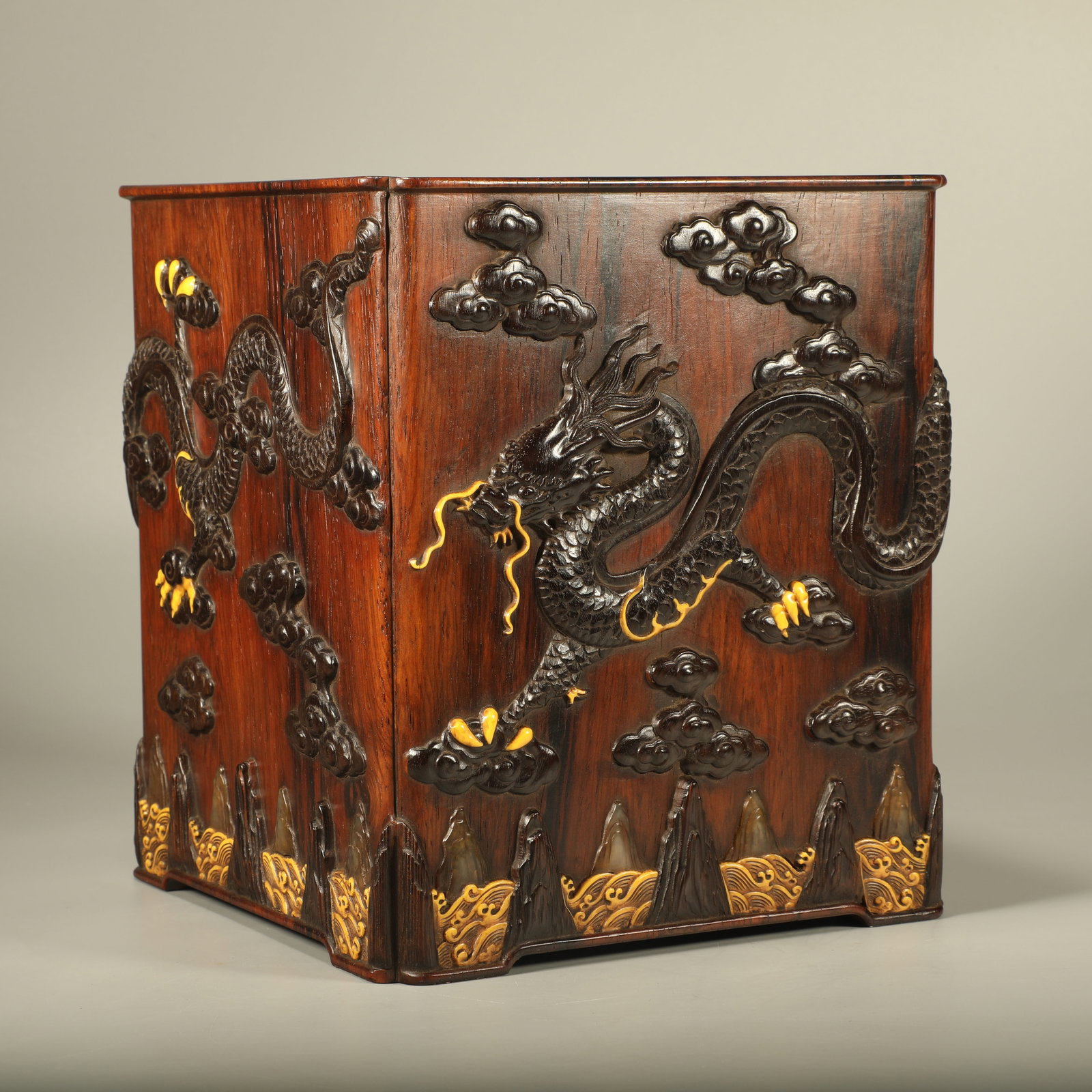 A HUANGHUALI BRUSH POT INLAID WITH RED SANDALWOOD COILED DRAGON PATTERN (1 of 7)