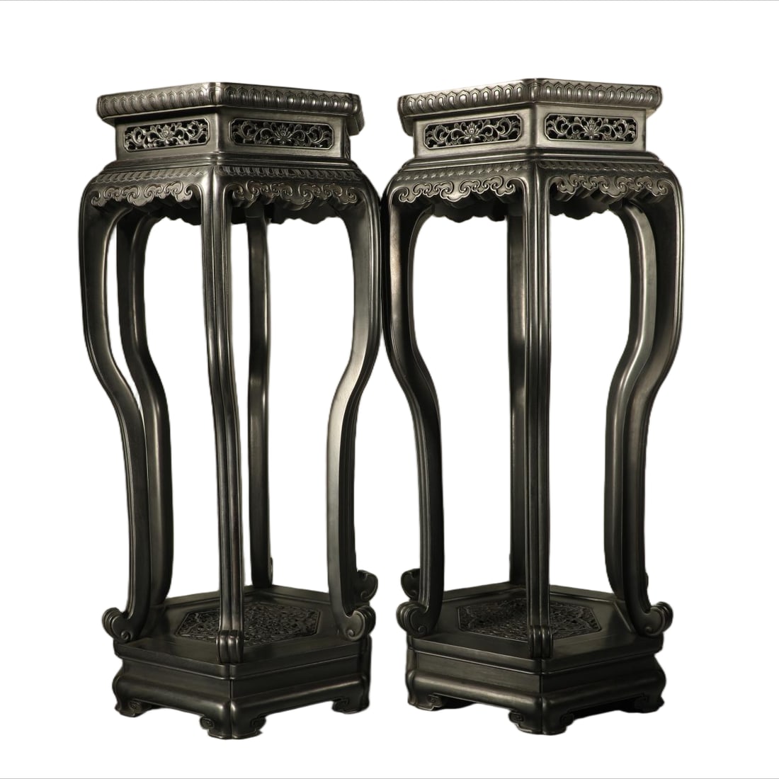 A PAIR OF ROSEWOOD INCENSE STANDS CARVED WITH RUYI PATTERN AND INLAID MARBLE: Pair of Rosewood Incense Stands Carved with Ruyi Pattern and Inlaid Marble