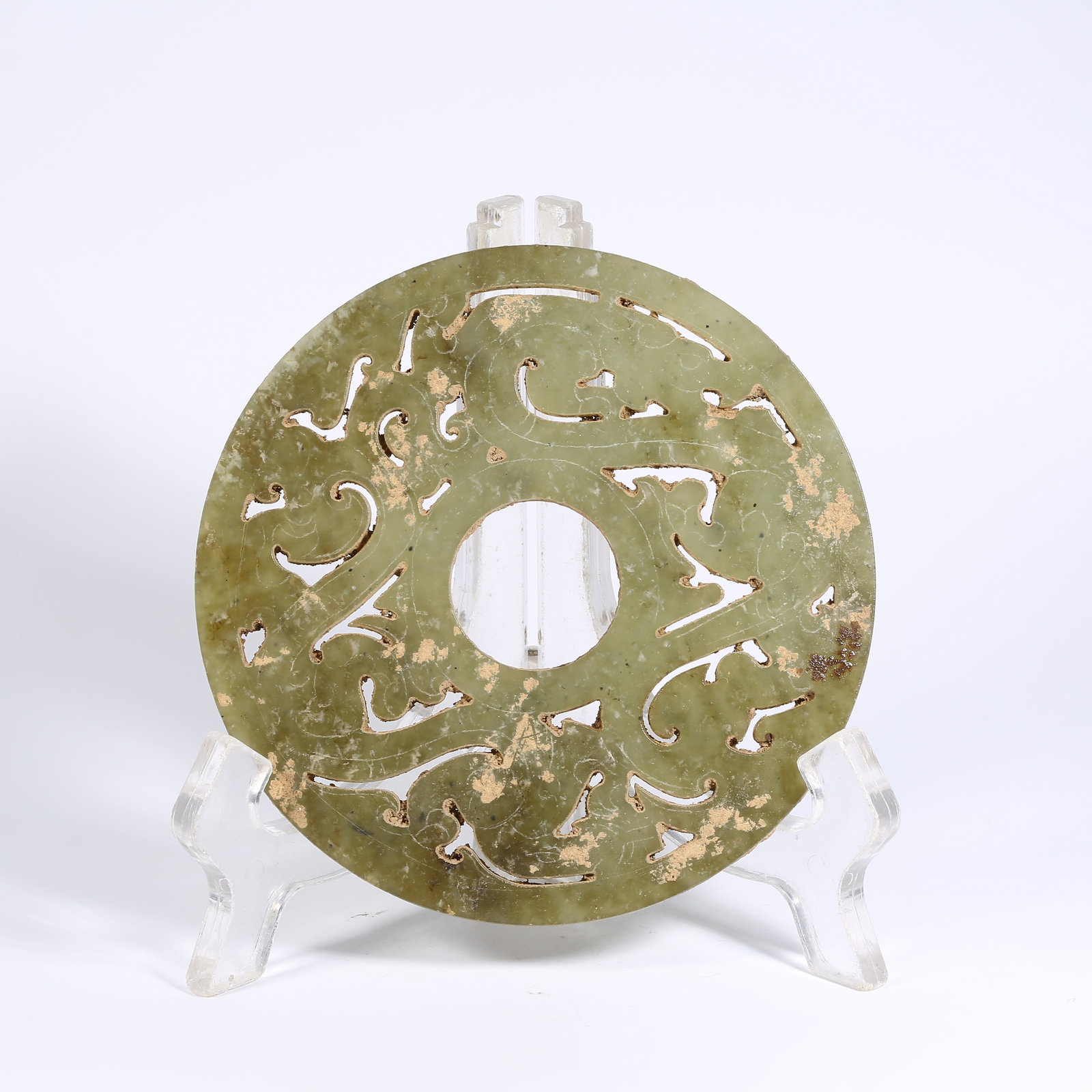 A ANCIENT JADE BI DISK WITH CHI-DRAGON MOTIF (1 of 9)