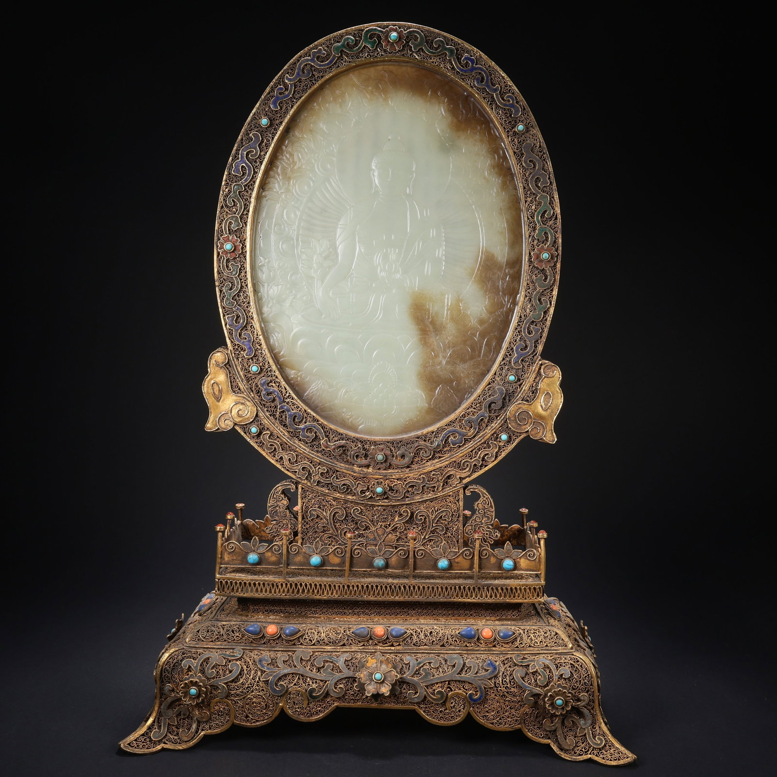 A HETIAN JADE GILT-SILVER CLOISONNÉ GEM-INLAID CARVED BUDDHIST MOTIF SCREEN (1 of 9)