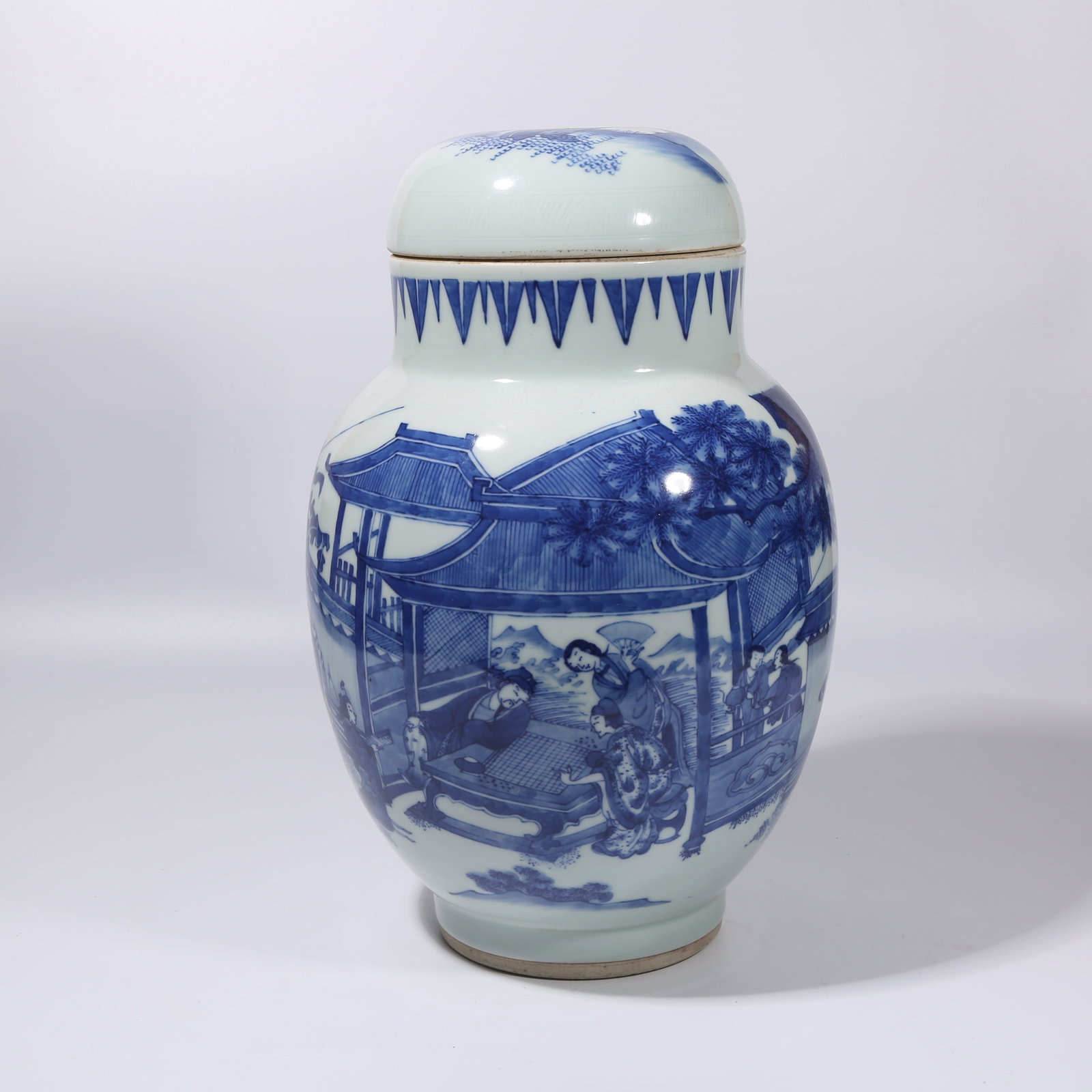 A BLUE-AND-WHITE FIGURE NARRATIVE LOTUS-SEED JAR: Blue-and-White Figure Narrative Lotus-Seed Jar