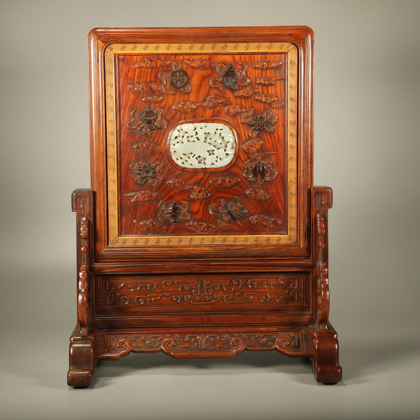 A HUANGHUALI TABLE SCREEN CARVED WITH EIGHT TREASURES PATTERN AND INLAID WITH JADE (1 of 6)
