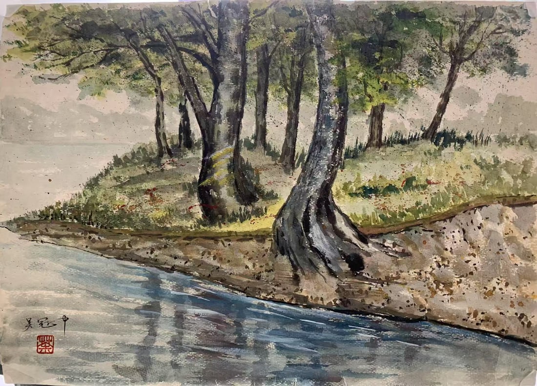 A LANDSCAPE PAINTING ON PAPER BY WU GUANZHONG.吳冠中: Landscape Painting on Paper by Wu Guanzhong.吳冠中