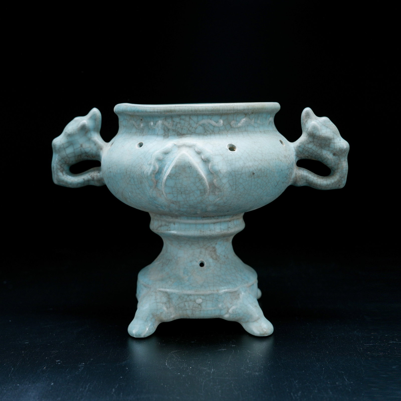 A RU KILN INCENSE BURNER WITH ANIMAL-HEAD HANDLES: Ru Kiln Incense Burner with Animal-Head Handles