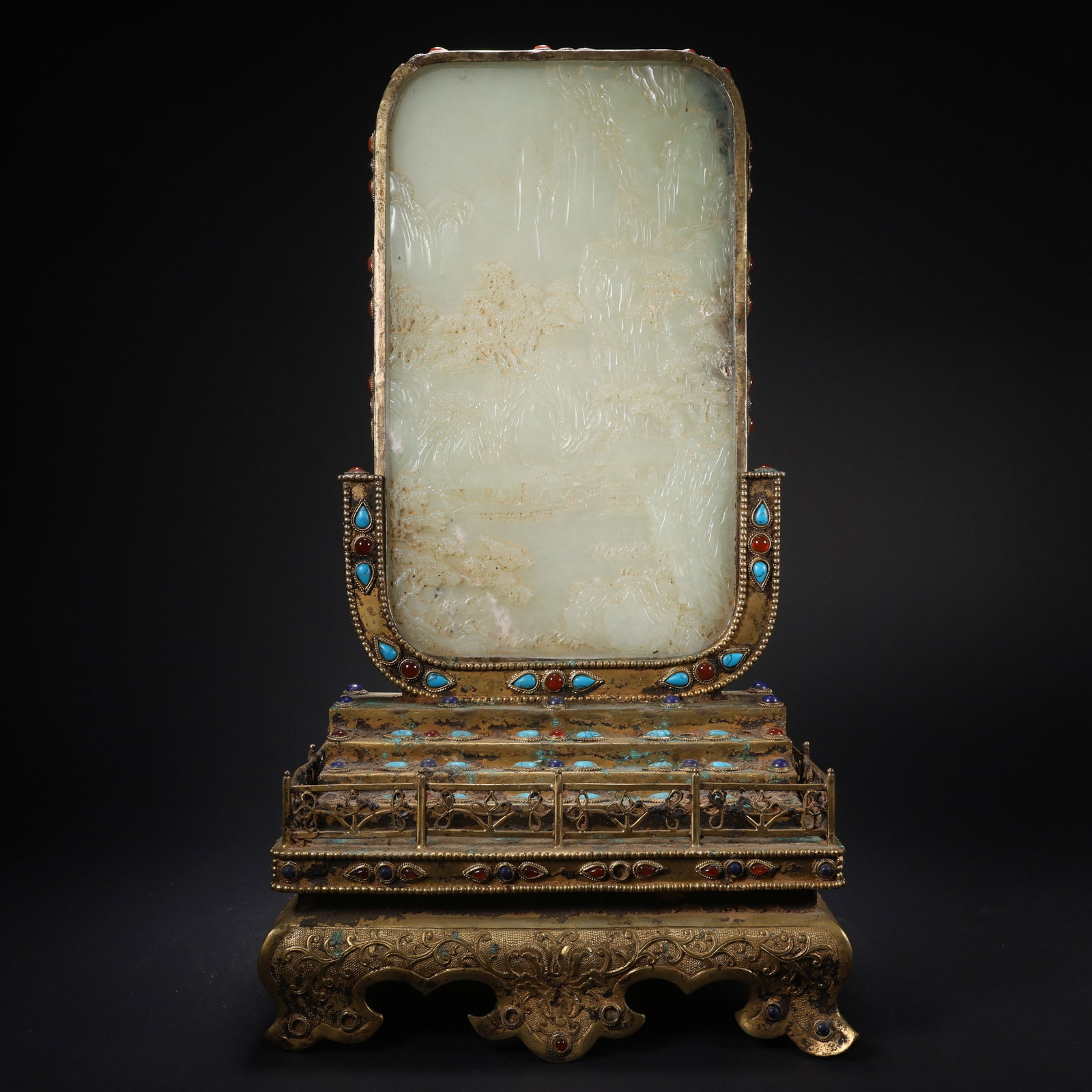 A HETIAN JADE GILT-BRONZE GEM-INLAID LANDSCAPE AND FIGURES SCREEN (1 of 9)