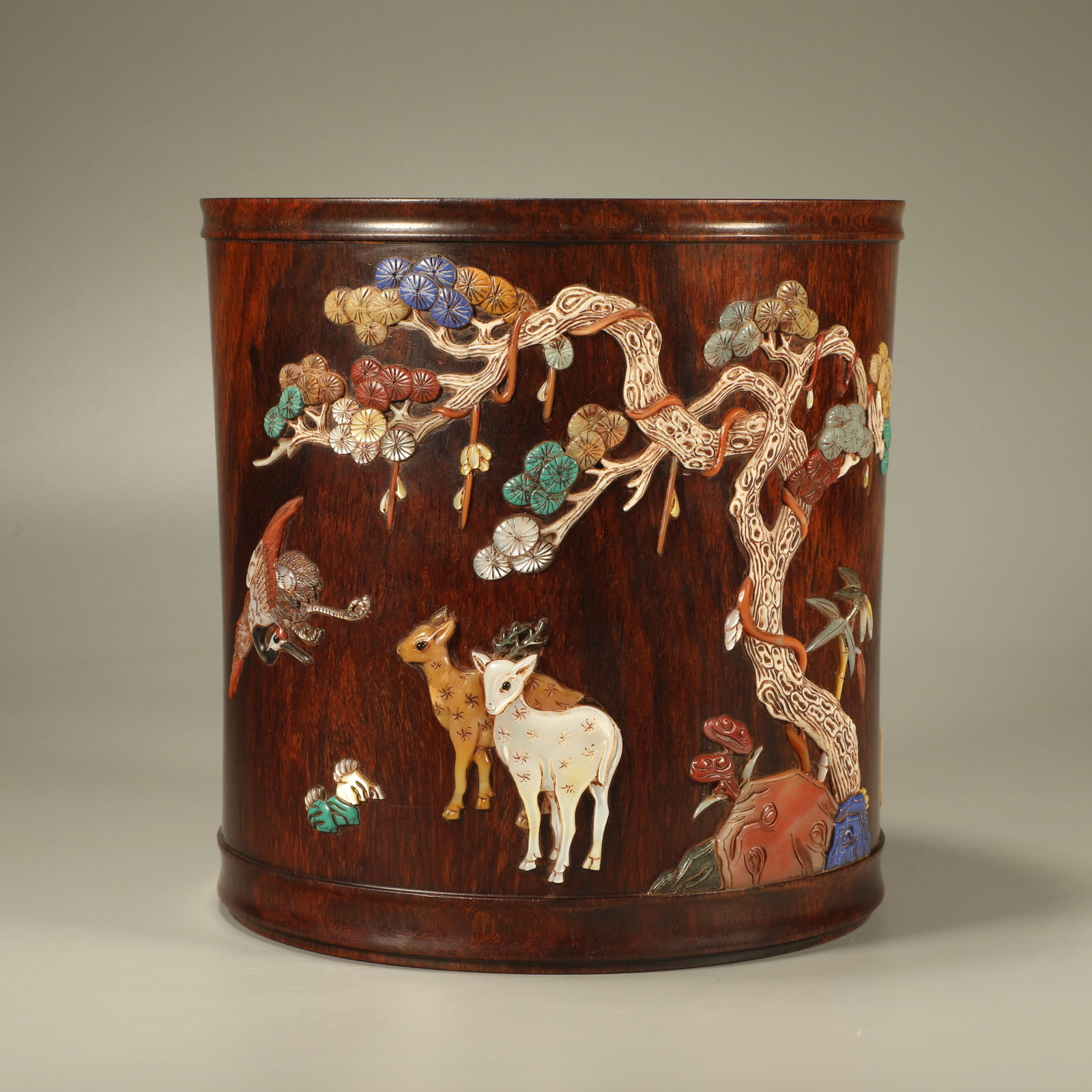 A HUANGHUALI BRUSH POT INLAID WITH HUNDRED TREASURES FEATURING CRANE AND DEER SPRING MOTIF (1 of 6)