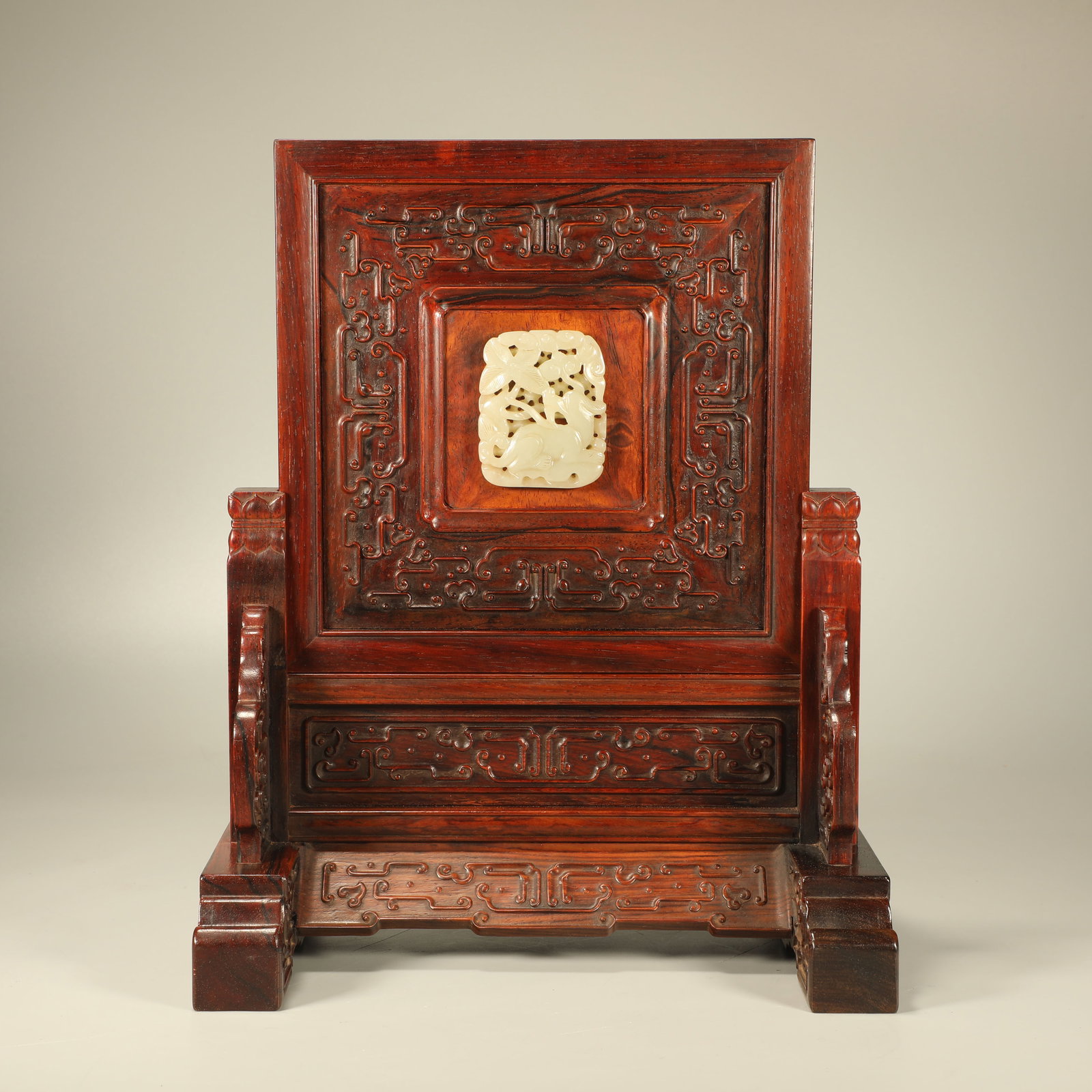 A HUANGHUALI TABLE SCREEN INLAID WITH JADE CARVED AUSPICIOUS BEAST (1 of 7)