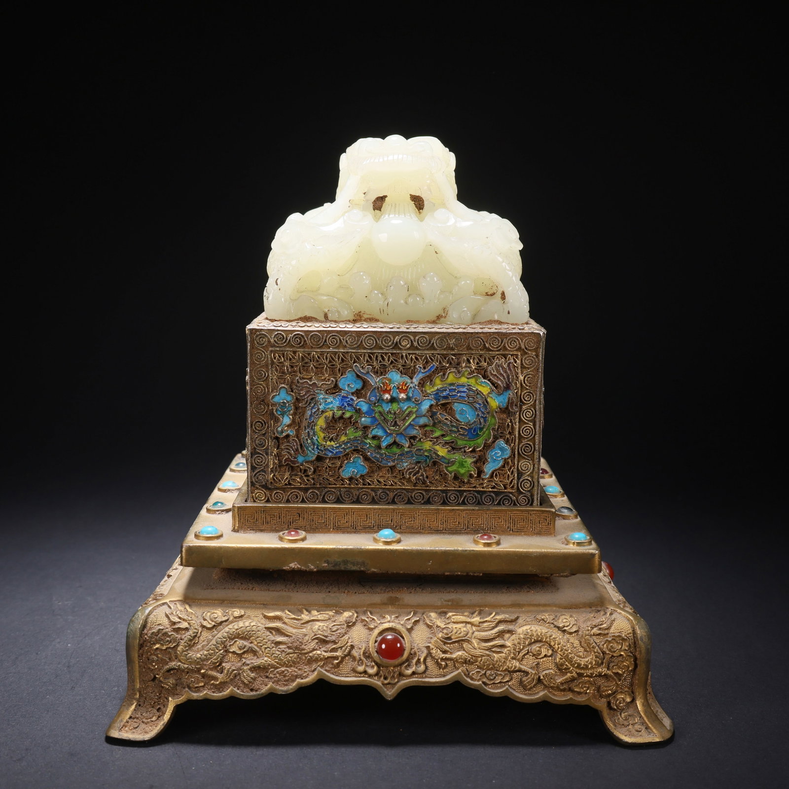A HETIAN JADE GILT-SILVER CLOISONNÉ GEM-INLAID DRAGON-PLAYING-PEARL SEAL ON BASE: Hetian Jade Gilt-Silver Cloisonné Gem-Inlaid Dragon-Playing-Pearl Seal on Base
