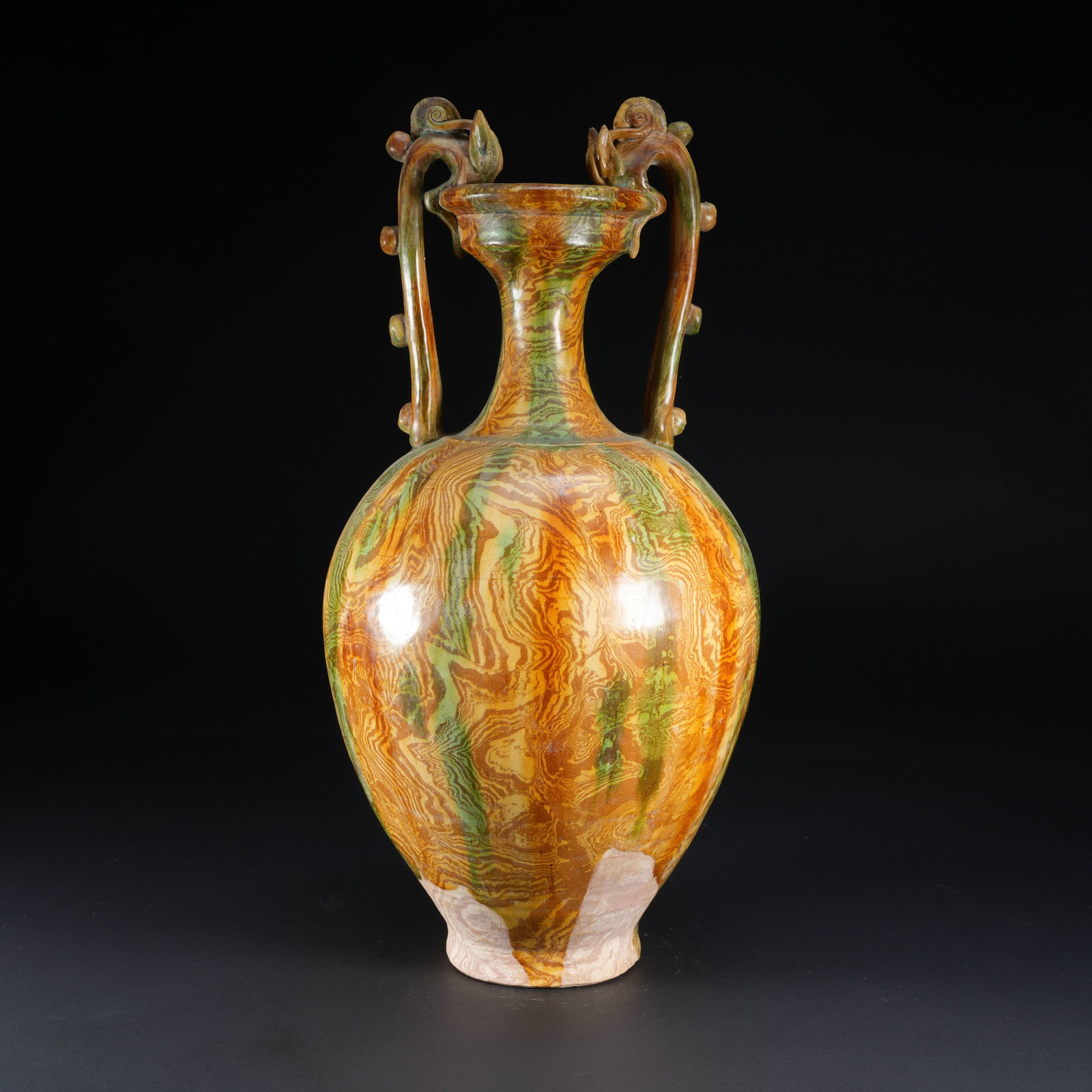 A MARBLED SANCAI DOUBLE-DRAGON-HANDLED VASE (1 of 9)