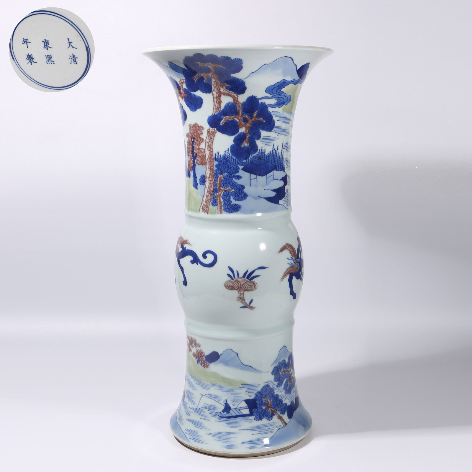A UNDERGLAZE SANCAI LANDSCAPE FLOWER GU: Underglaze Sancai Landscape Flower Gu