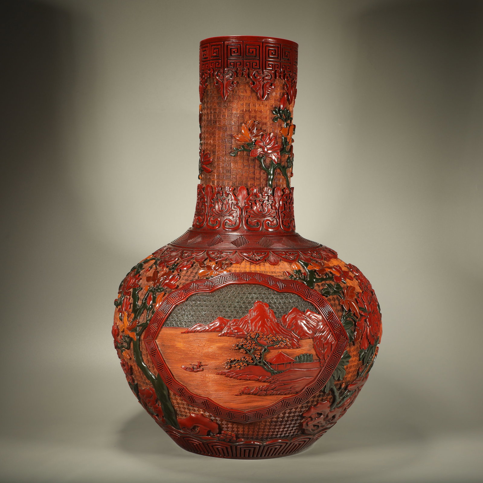 A LACQUER CELESTIAL SPHERE VASE WITH FLORAL PANELS ENCLOSING LANDSCAPE AND FIGURE MOTIFS: Lacquer Celestial Sphere Vase with Floral Panels Enclosing Landscape and Figure Motifs