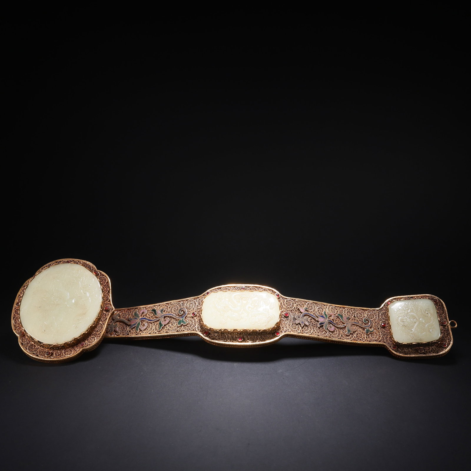 A HETIAN JADE GILT-SILVER CLOISONNÉ GEM-INLAID DRAGON-PLAYING-PEARL RUYI: Hetian Jade Gilt-Silver Cloisonné Gem-Inlaid Dragon-Playing-Pearl Ruyi