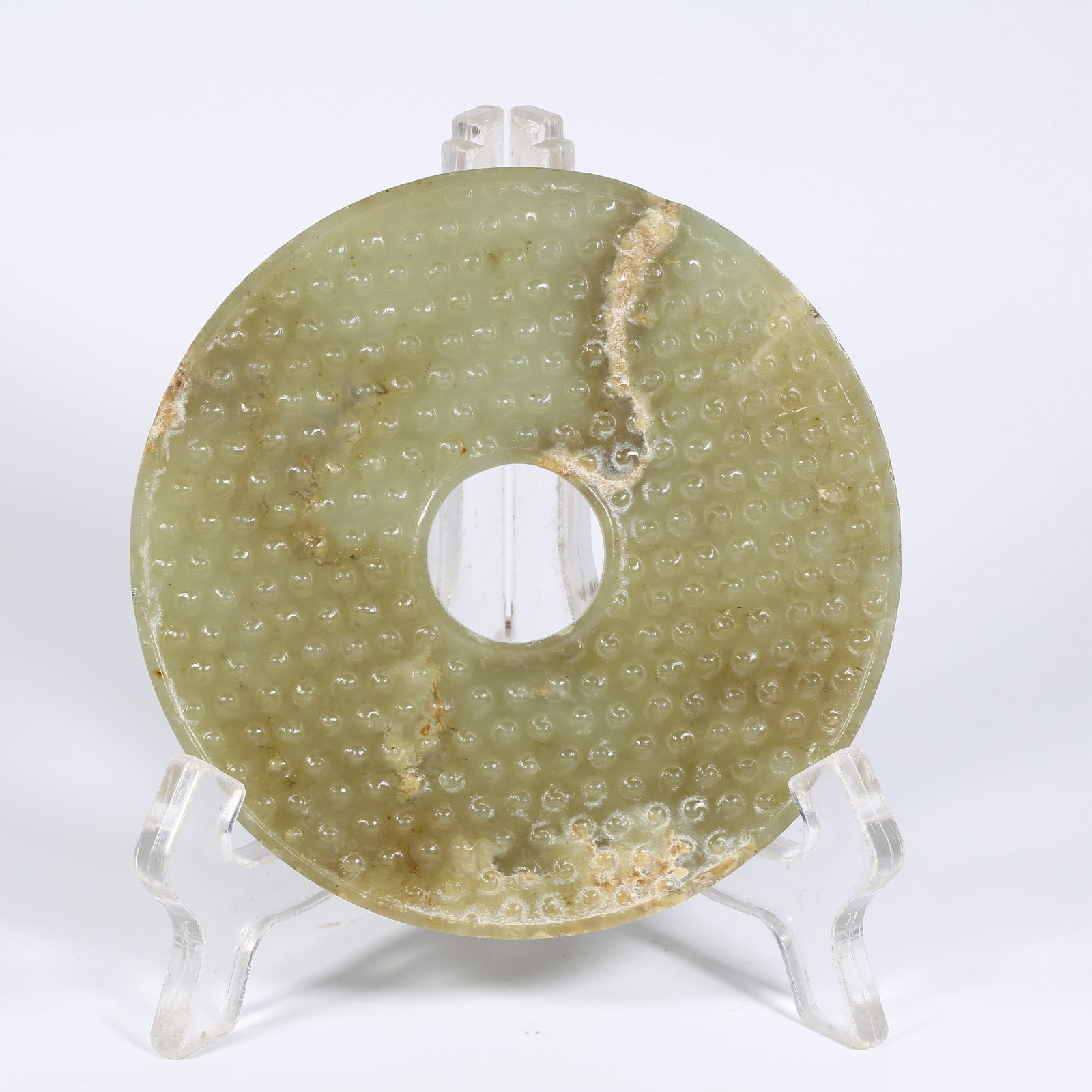A ANCIENT JADE BI DISK WITH GRAIN PATTERN: Ancient Jade Bi Disk with Grain Pattern