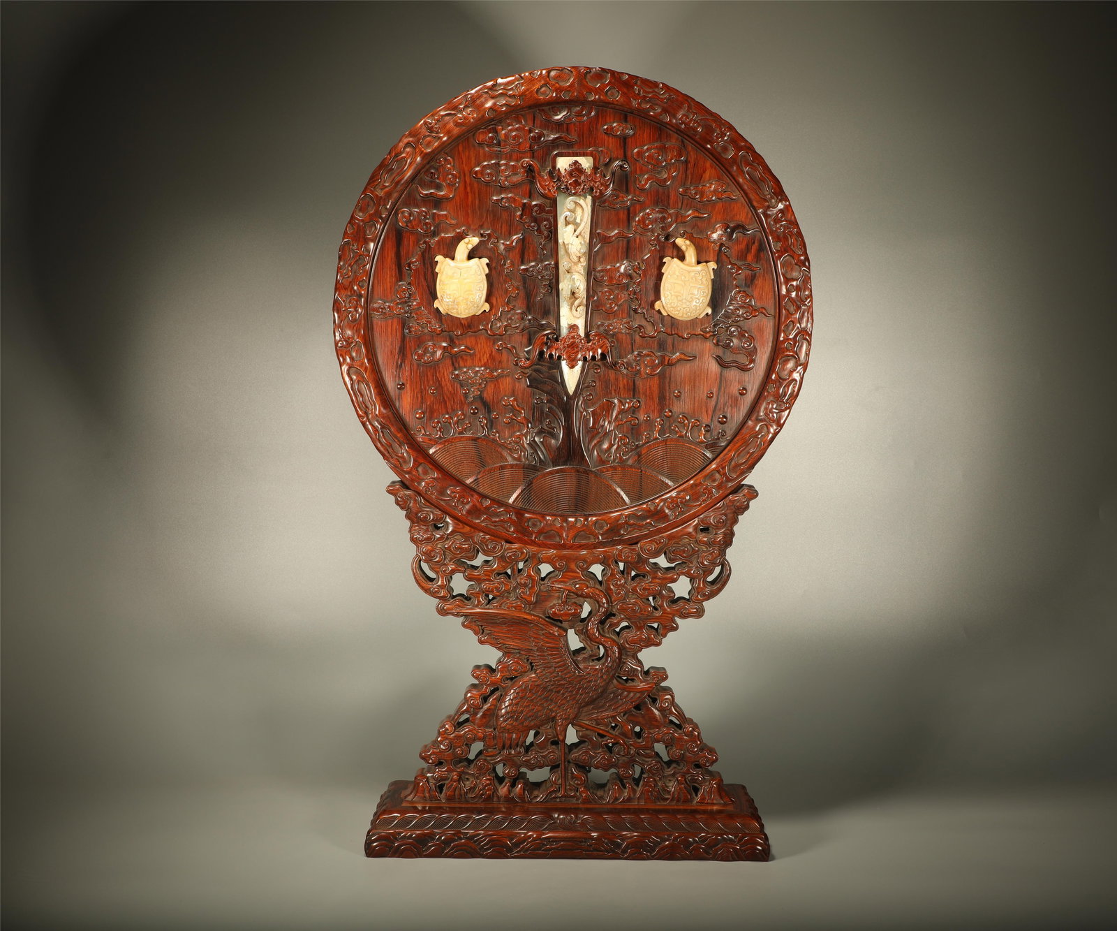 A HUANGHUALI TABLE SCREEN WITH JADE INLAID TURTLE BASE (1 of 8)