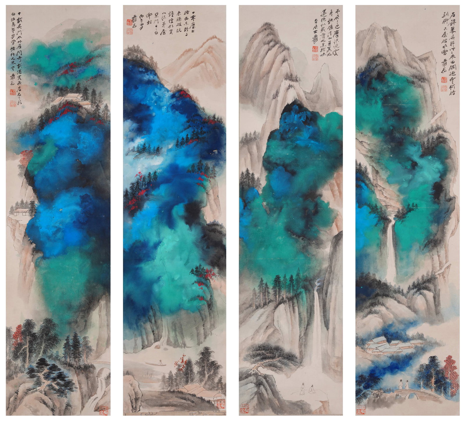A FOUR SPLASHED-COLOR LANDSCAPE PAINTINGS ON PAPER BY ZHANG DAQIAN.張大千 (1 of 15)