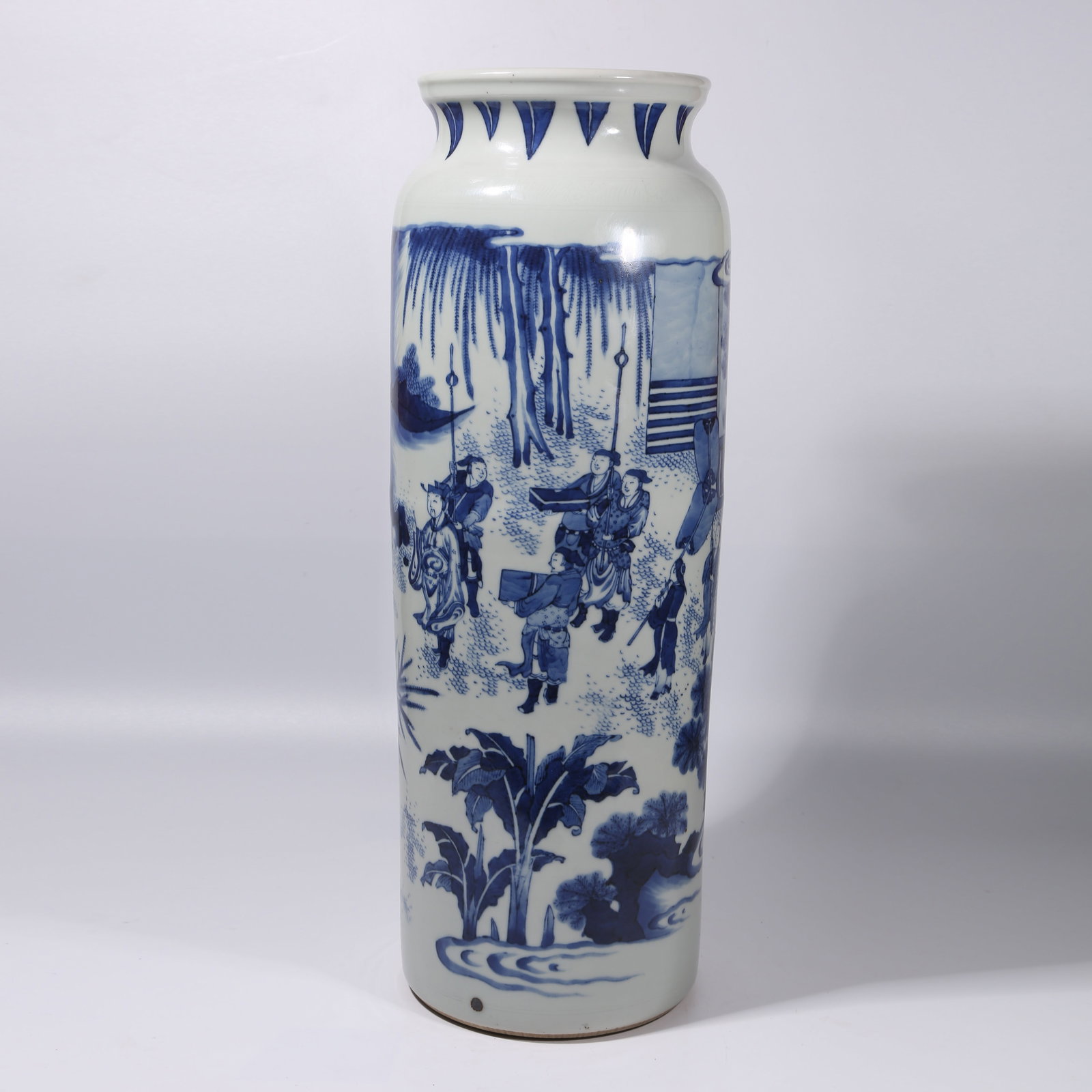 A BLUE-AND-WHITE FIGURE NARRATIVE CYLINDRICAL VASE: Blue-and-White Figure Narrative Cylindrical Vase