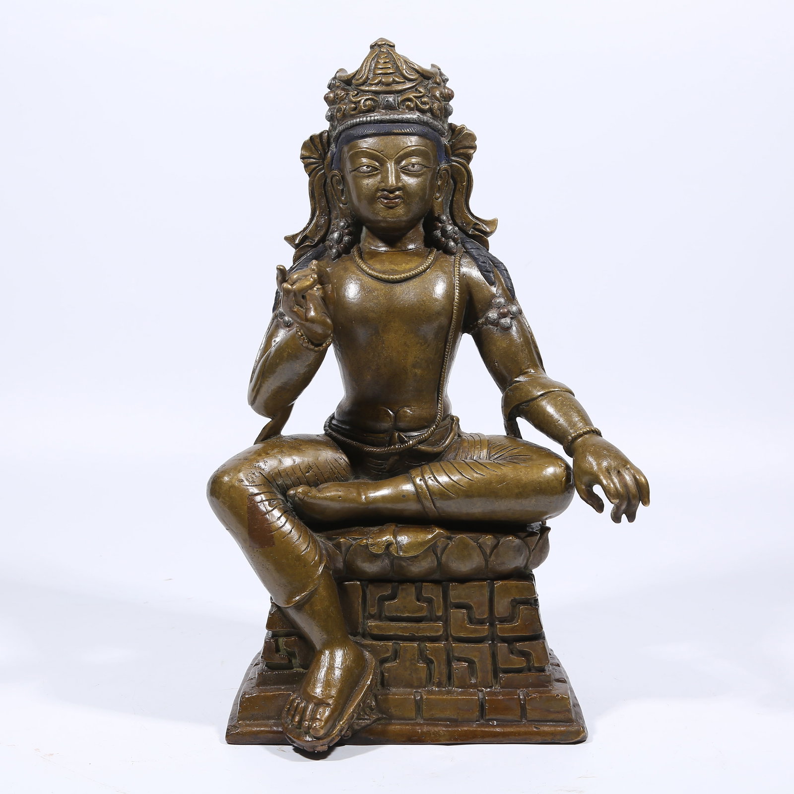 A ALLOY BRONZE SILVER-INLAID MAITREYA BODHISATTVA STATUE: Alloy Bronze Silver-Inlaid Maitreya Bodhisattva Statue