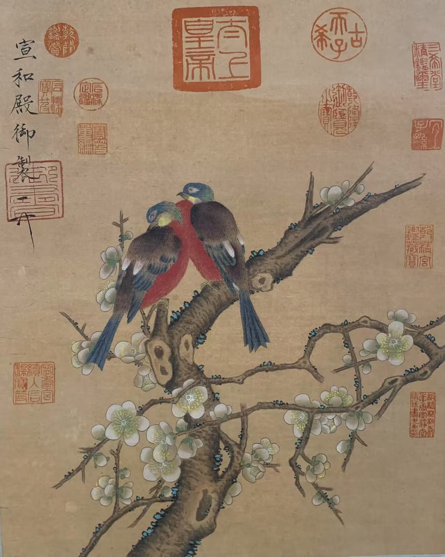 A FLOWER AND BIRD PAINTING ON PAPER BY EMPEROR HUIZONG OF SONG.宋徽宗: Flower and Bird Painting on Paper by Emperor Huizong of Song.宋徽宗