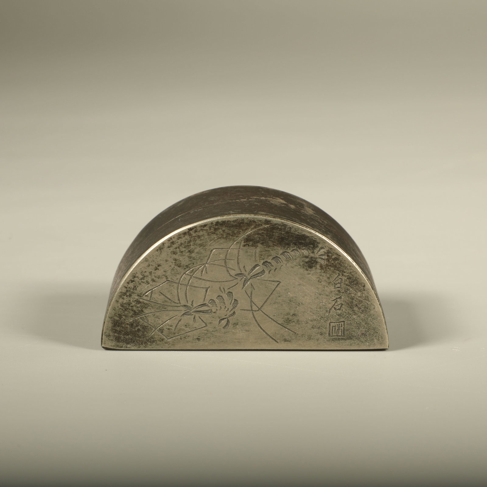 A WHITE BRONZE INK BOX CARVED WITH SHRIMP AMUSEMENT PATTERN: White Bronze Ink Box Carved with Shrimp Amusement Pattern