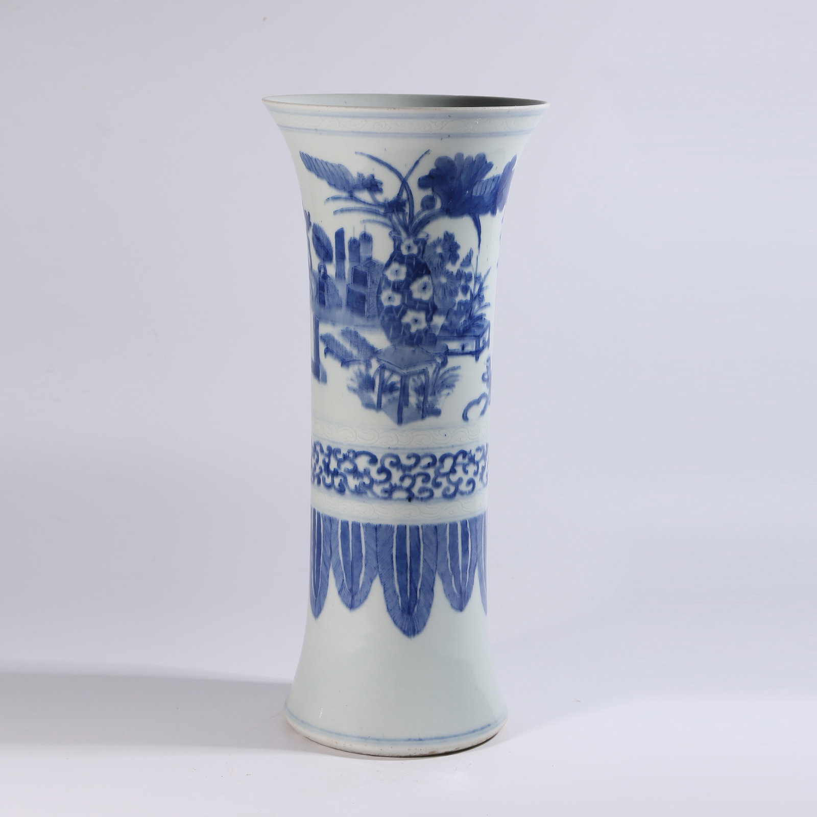 A BLUE-AND-WHITE FLOWER GU WITH SCHOLAR’S ROCK AND FLORAL PATTERN: Blue-and-White Flower Gu with Scholar’s Rock and Floral Pattern