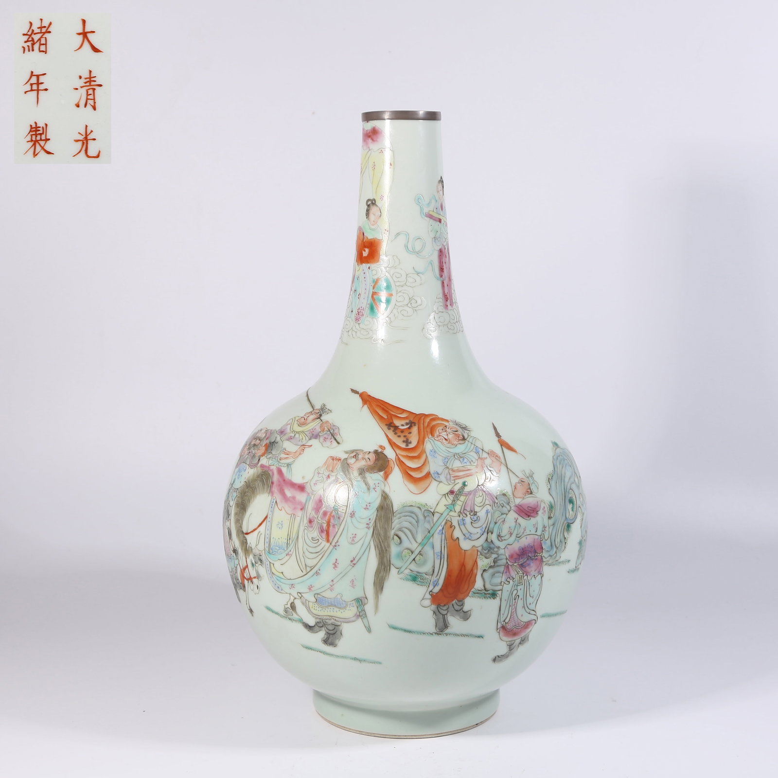 A FENCAI LONG-NECK VASE WITH DAOIST FIGURE AND HORSE NARRATIVE PATTERN (1 of 9)
