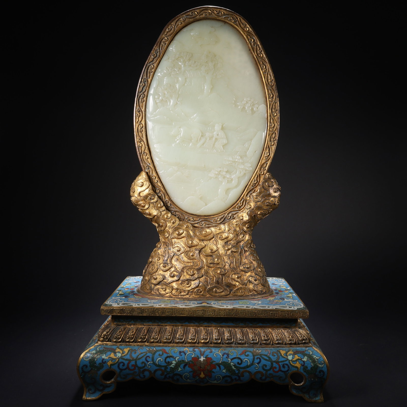 A HETIAN JADE CLOISONNÉ GILT-BRONZE "STREAMS AND MOUNTAINS WITH FARMING SCENES" SCREEN (1 of 9)