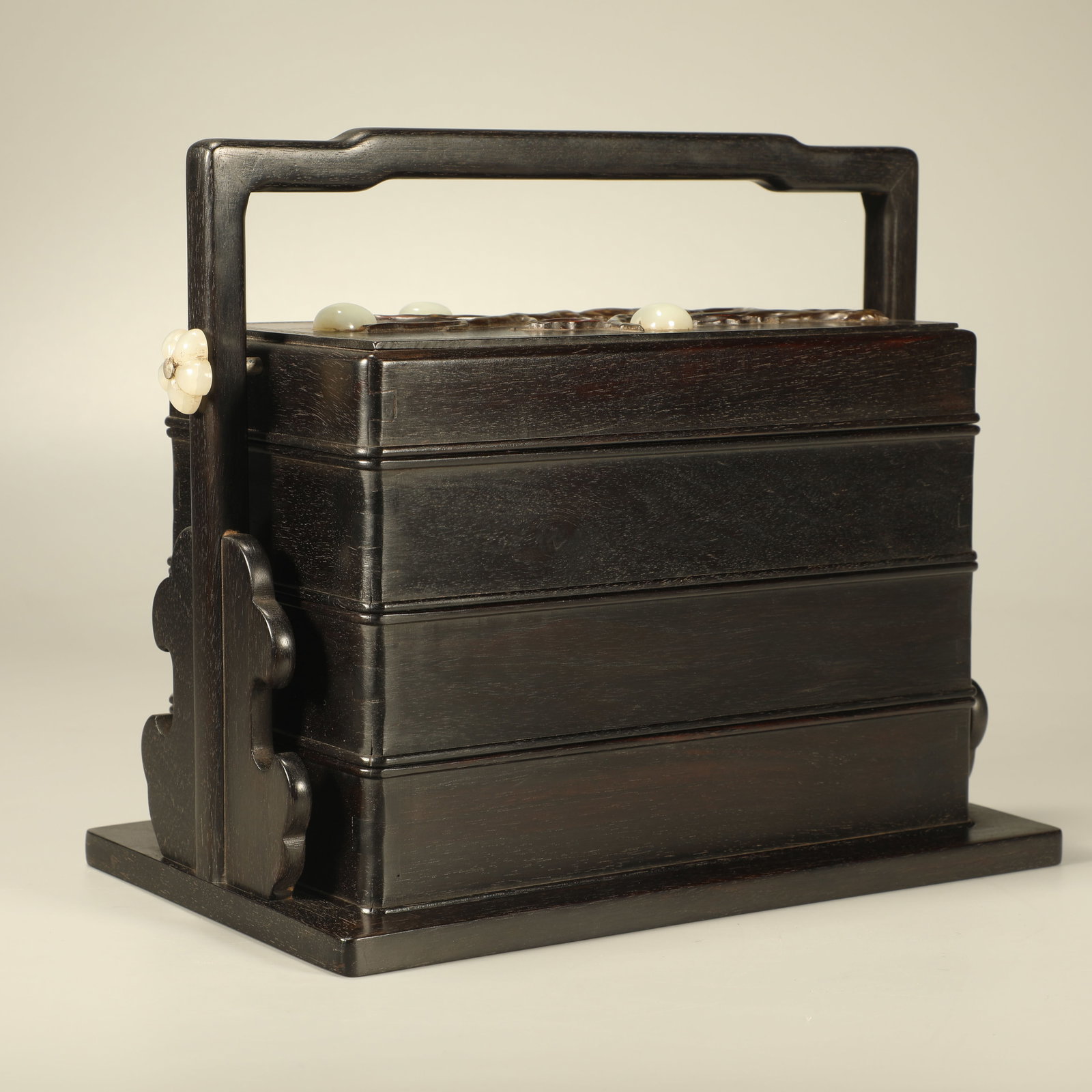 A RED SANDALWOOD PORTABLE BOX INLAID WITH JADE CARVED LONGEVITY PEACH (1 of 7)