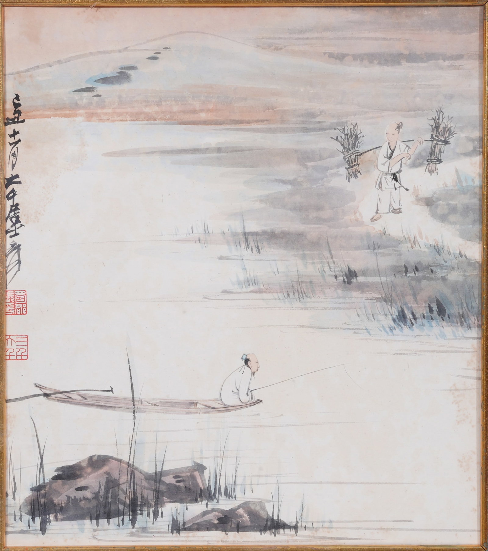 A FISHING PAINTING ON PAPER FRAMED BY ZHANG DAQIAN.張大千: Fishing Painting on Paper Framed by Zhang Daqian.張大千