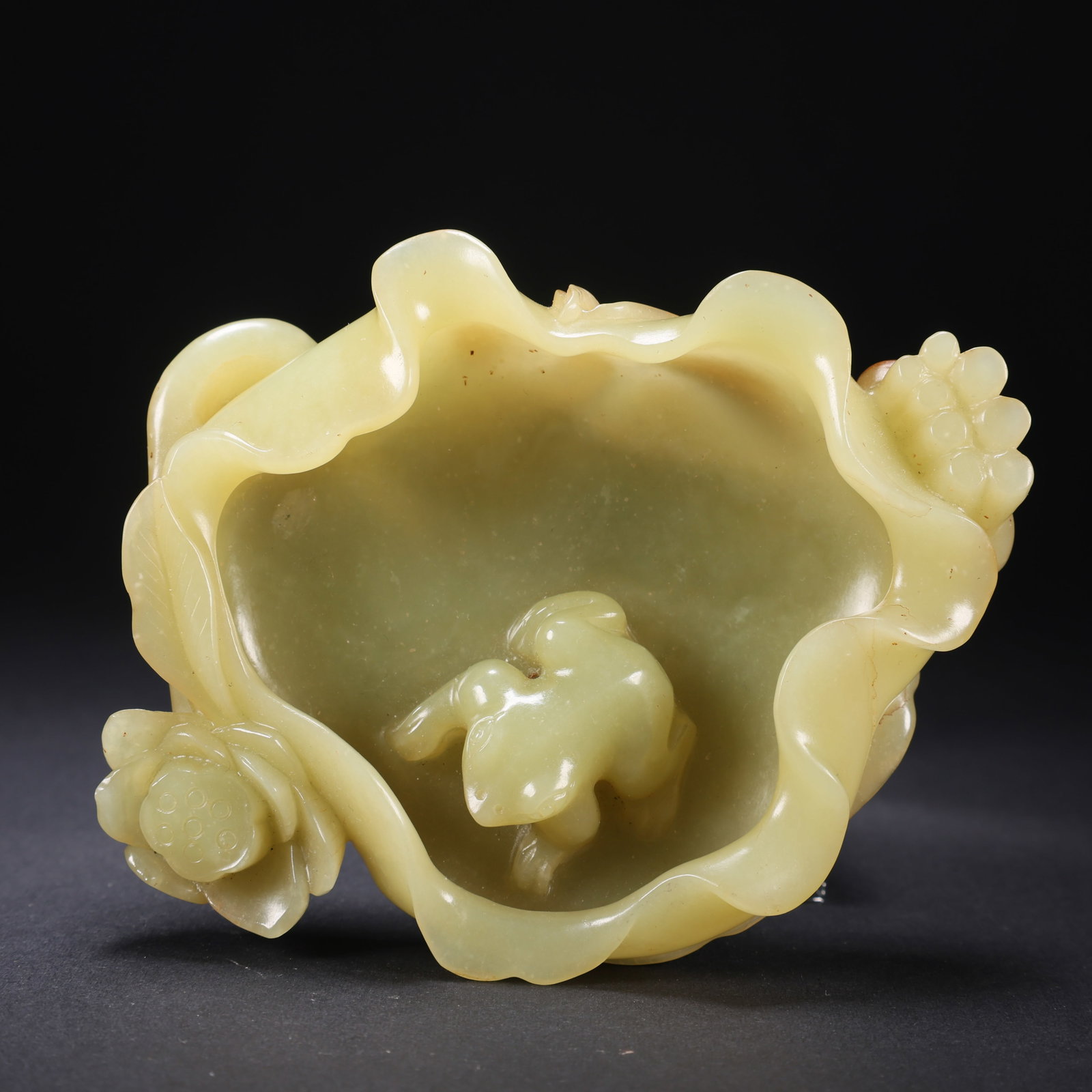 A TIANHUANG JADE FROG PLAYING WITH LOTUS BRUSH WASHER: Tianhuang Jade Frog Playing with Lotus Brush Washer