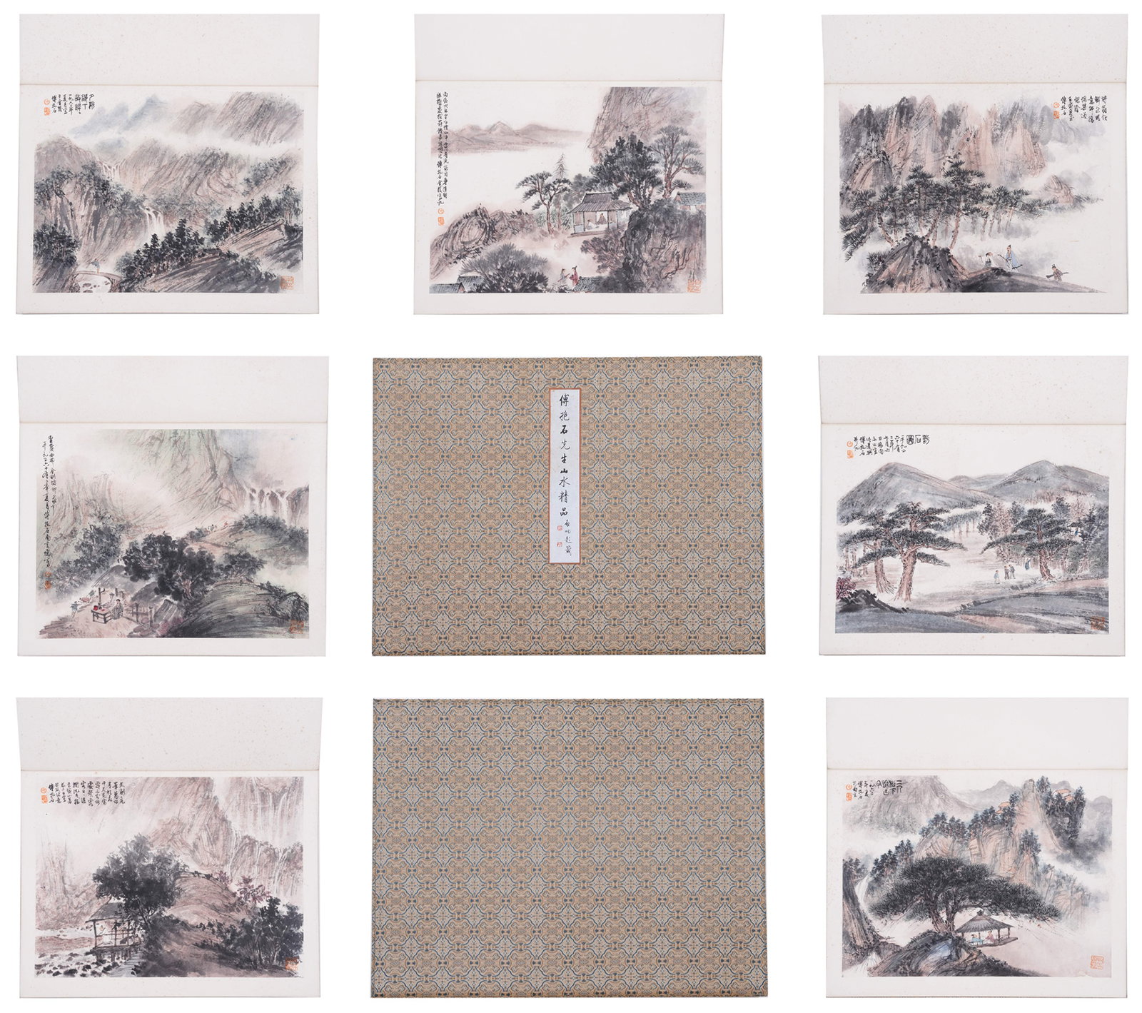 A EIGHT-PAGE LANDSCAPE PAINTING ALBUM ON PAPER BY FU BAOSHI.傅抱石: Eight-page Landscape Painting Album on Paper by Fu Baoshi.傅抱石