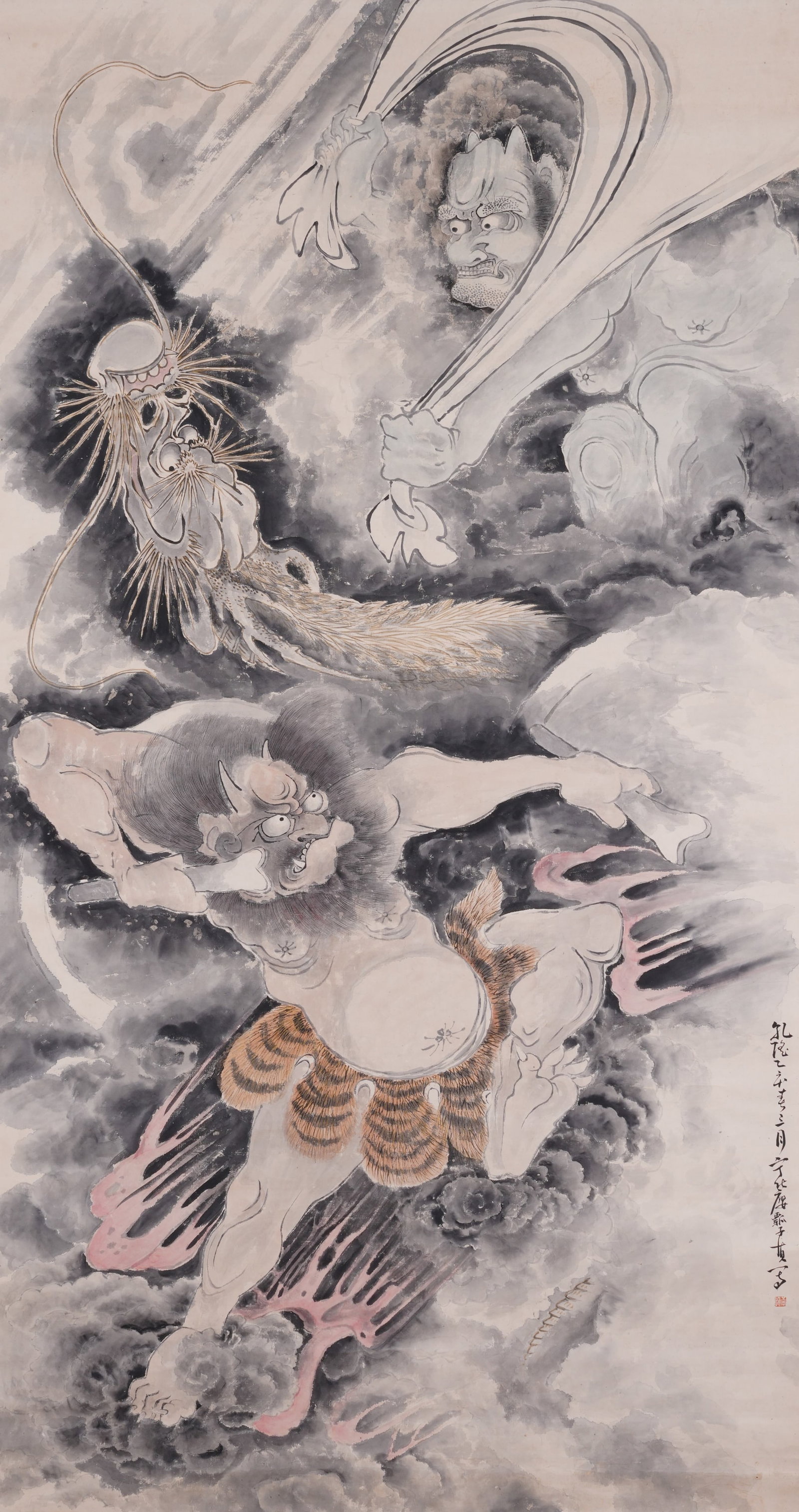 A WIND GOD AND THUNDER GOD PAINTING ON PAPER BY HUANG SHEN.黃慎: Wind God and Thunder God Painting on Paper by Huang Shen.黃慎