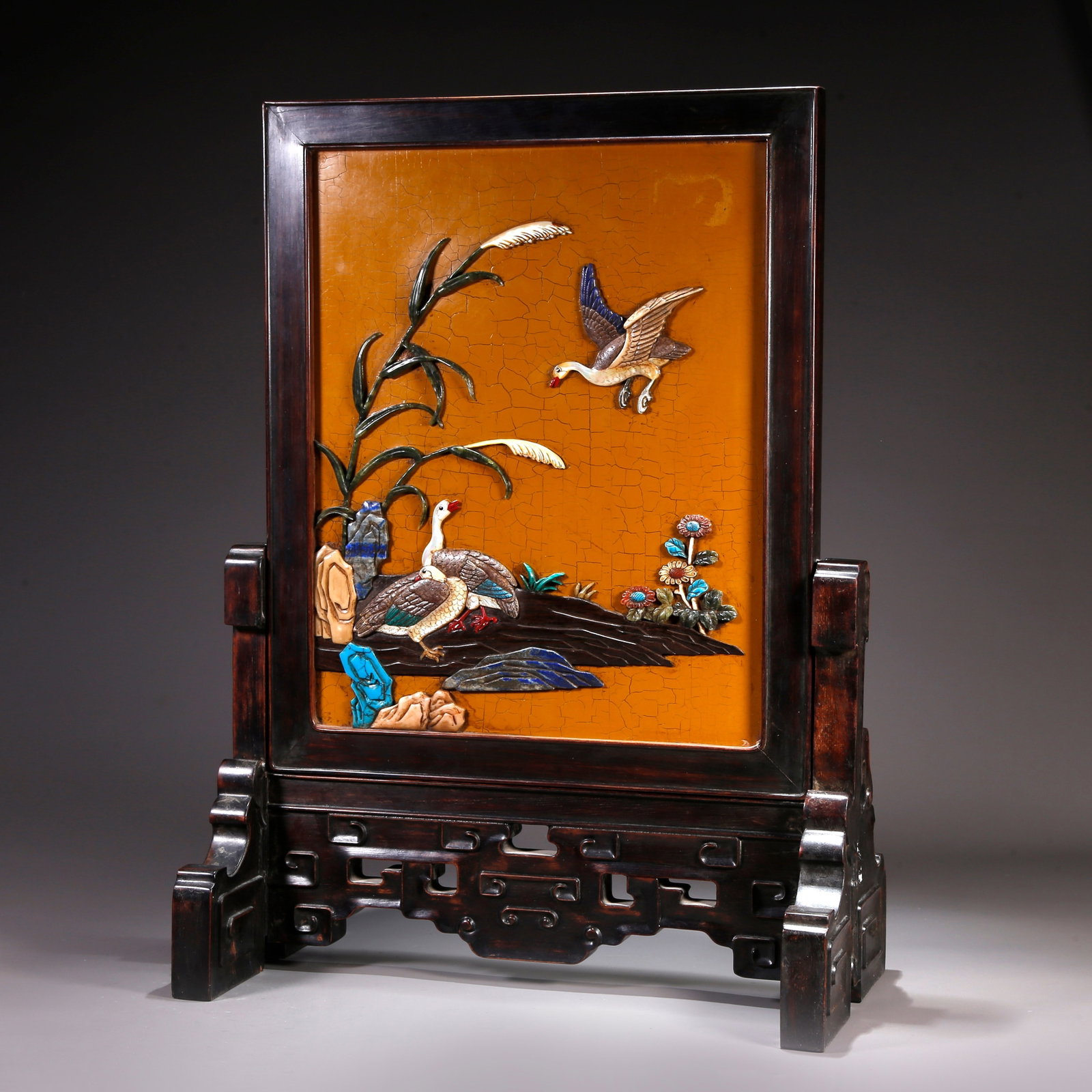 A RED SANDALWOOD CARVED INLAID SCREEN WITH WILD GOOSE AND REED PATTERN (1 of 9)