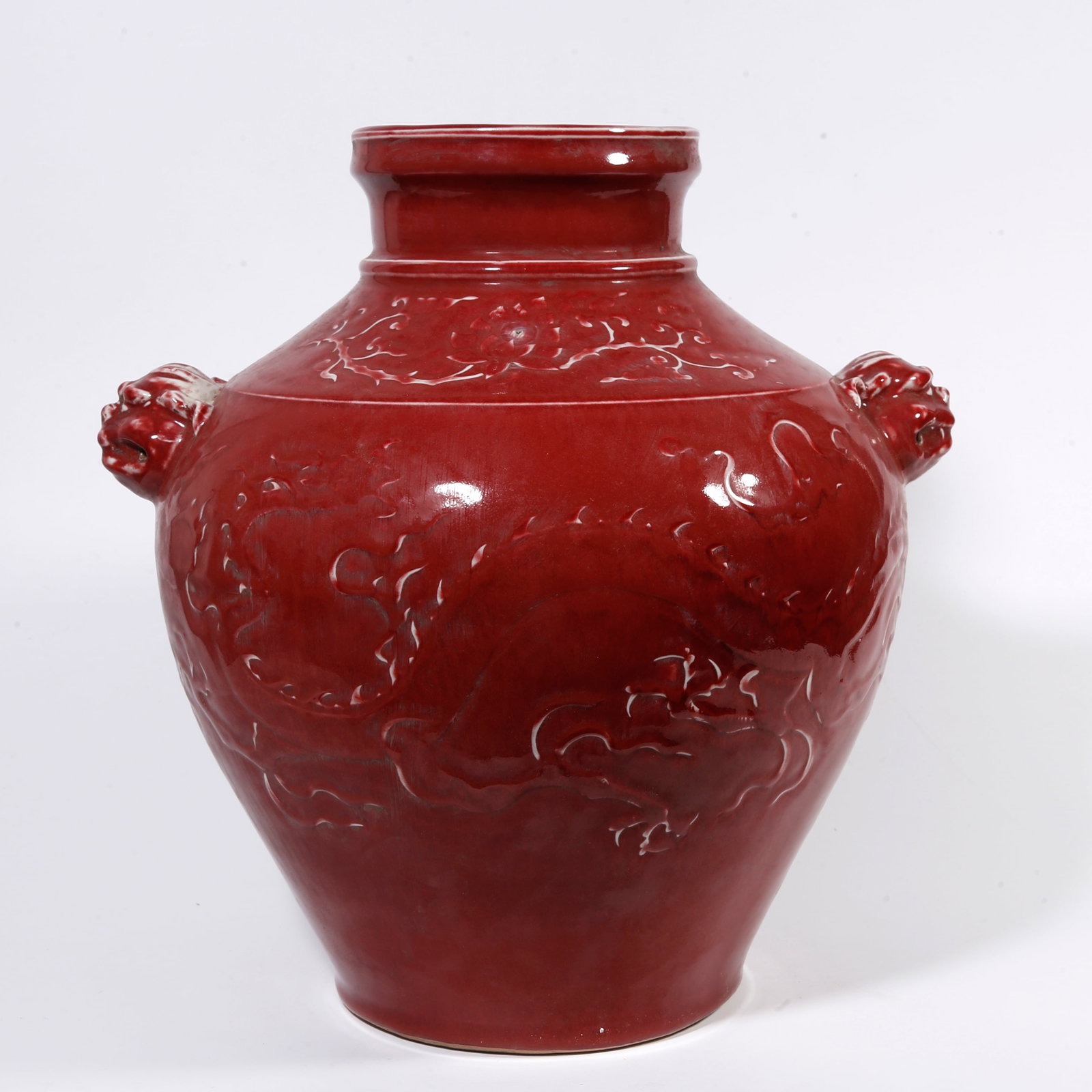 A RED GLAZED ZUN VASE WITH DOUBLE BEAST EARS AND DRAGON PATTERN (1 of 10)