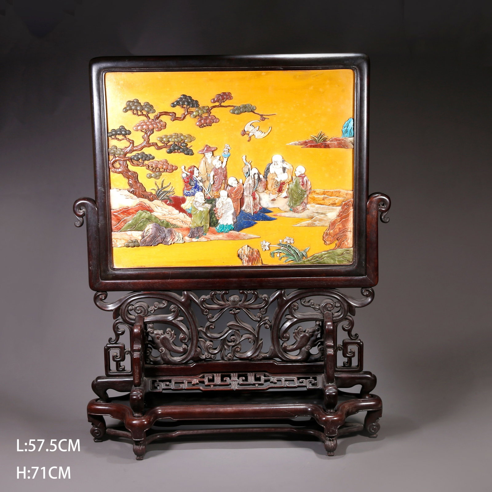A RED SANDALWOOD PRECIOUS STONE INLAID ARHAT PATTERN SCREEN WITH STAND: Red Sandalwood Precious Stone Inlaid Arhat Pattern Screen with Stand