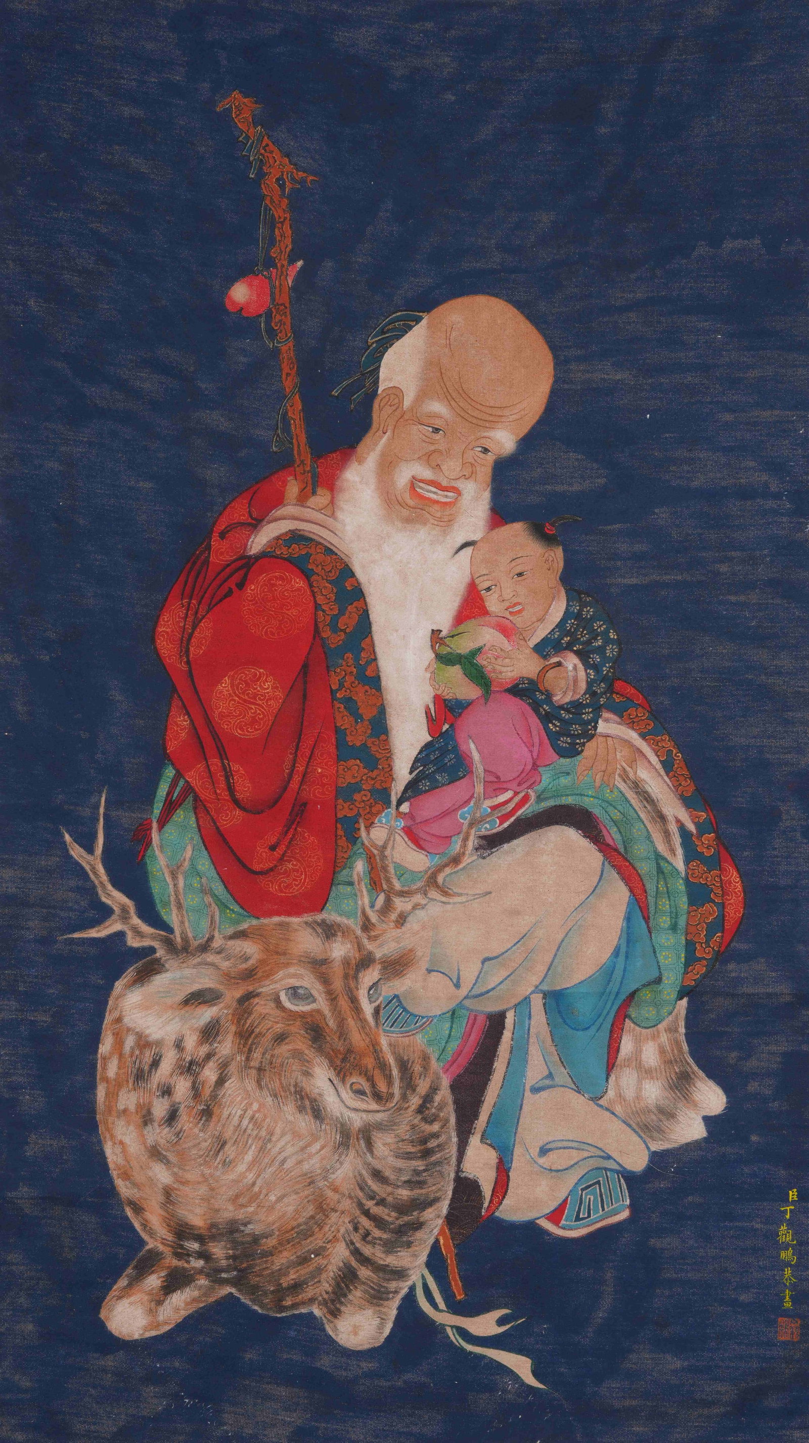 A GOD OF LONGEVITY PAINTING ON SILK BY DING GUANPENG.丁觀鵬 (1 of 9)