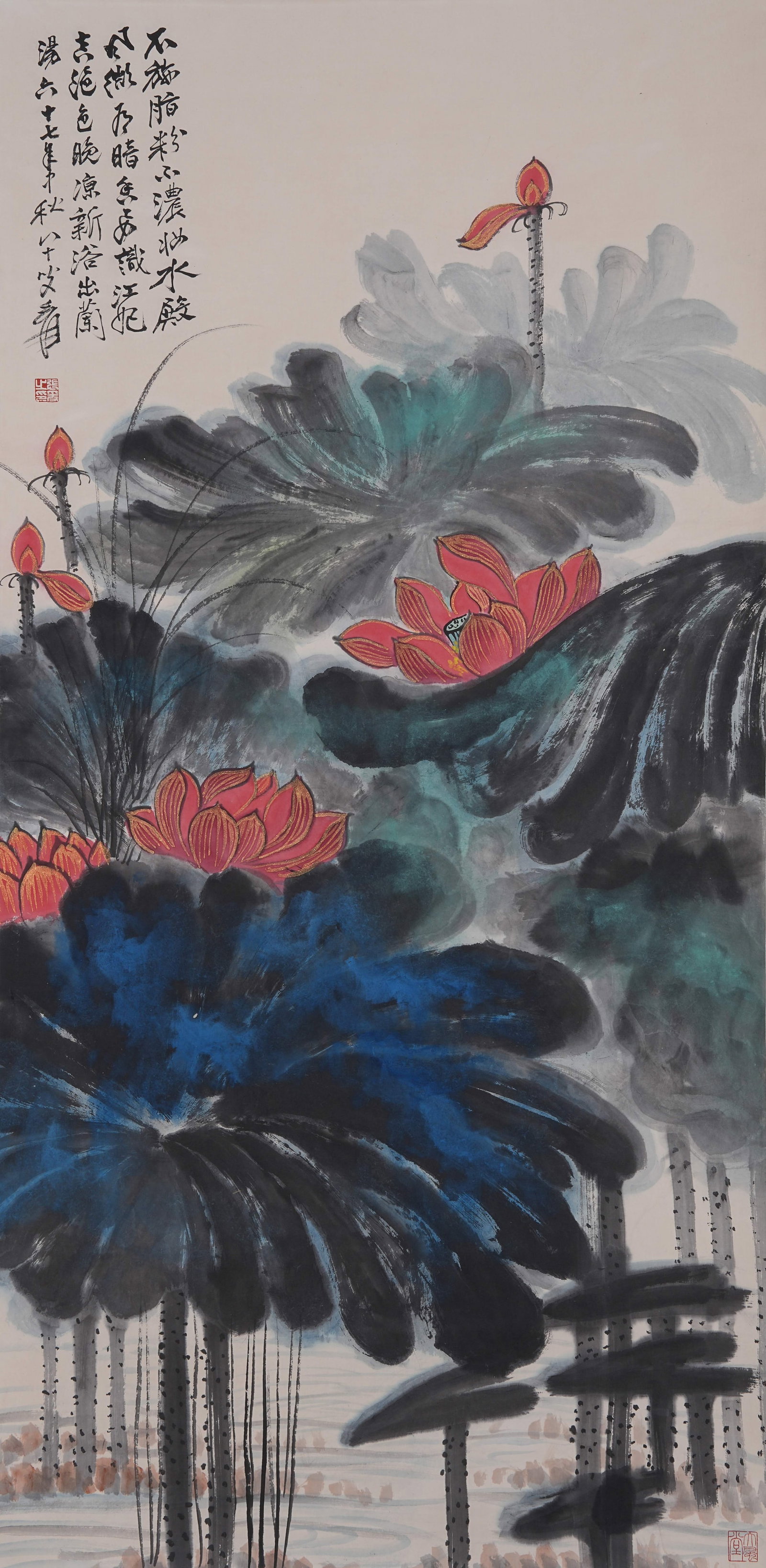 A LOTUS PAINTING ON PAPER BY ZHANG DAQIAN.張大千: Lotus Painting on Paper by Zhang Daqian.張大千
