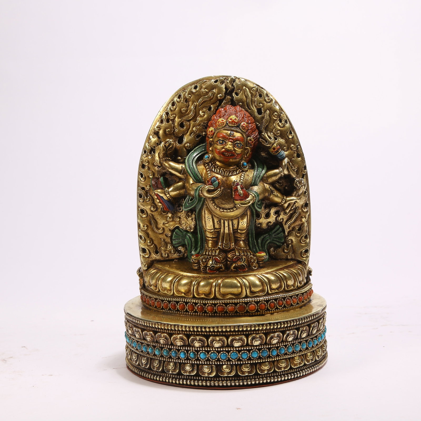 A GILT BRONZE SIX-ARMED DAIKOKUTEN FIGURE INLAID WITH GEMSTONES (1 of 8)