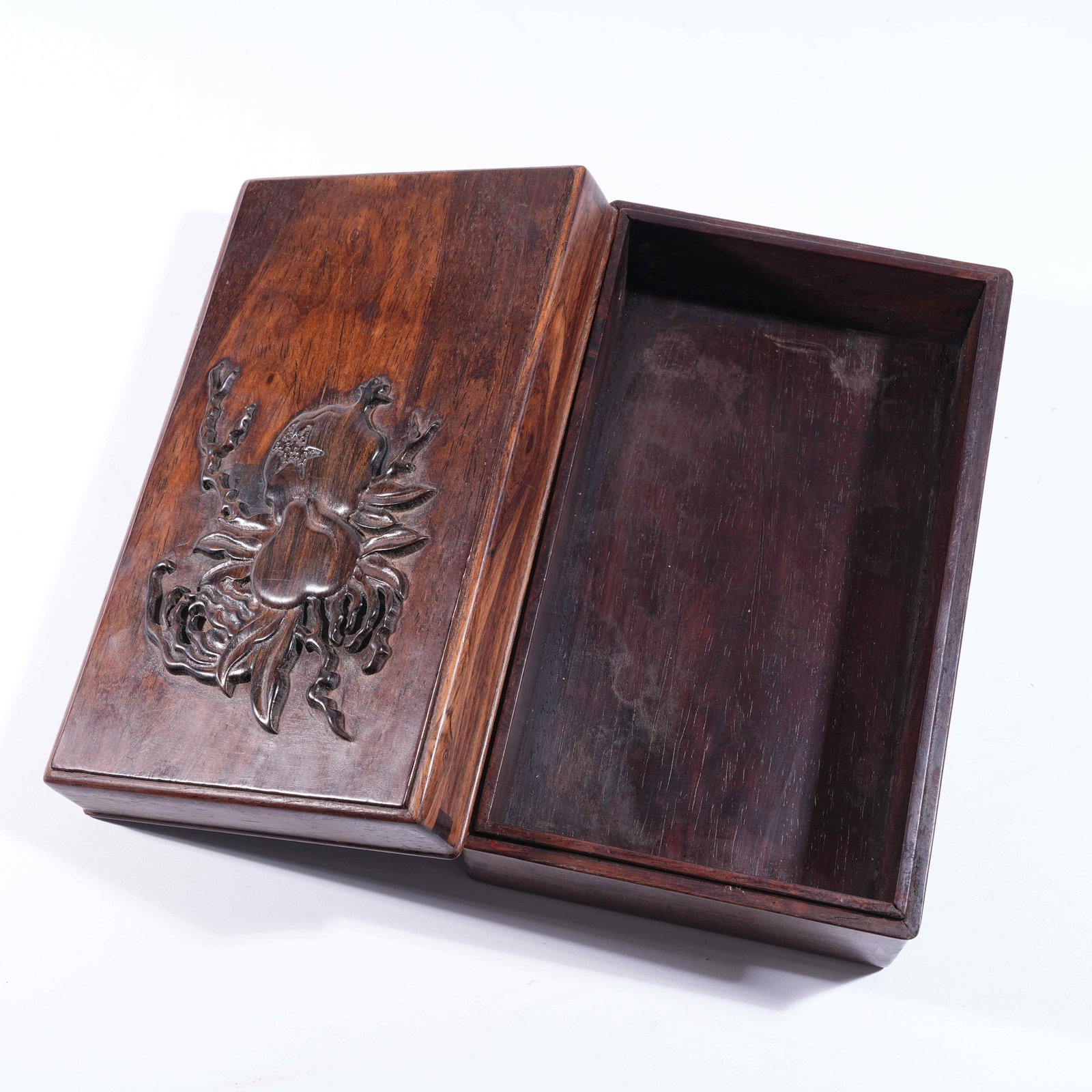 A SQUARE COVERED BOX WITH AUSPICIOUS FRUIT MOTIF IN HUANGHUALI WOOD (1 of 8)